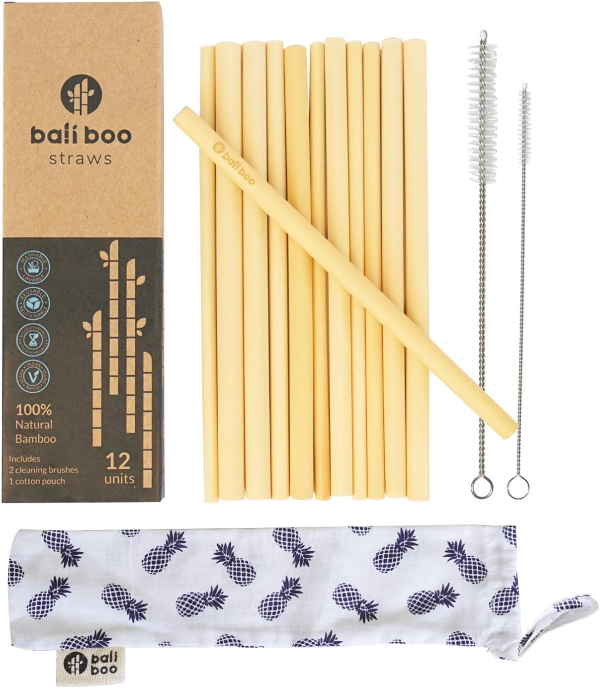 Biodegradable Straw Made of Bamboo - 12 Eco Friendly Straws by Bali Boo - Reusable Wooden Straw of 8 Inch - Each Reusable Cocktail Straws is Handmade in Bali & Compostable - Fit Tiki & Mason Jar