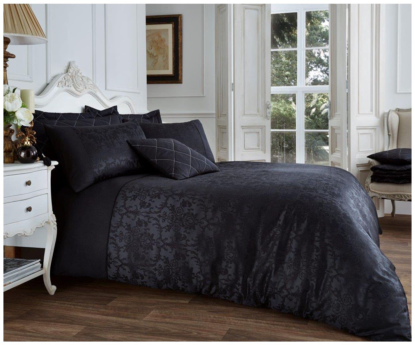 GC GAVENO CAVAILIA Soft & Cosy Royal Jacquard Damask Duvet Cover, Luxury Breathable Polycotton Floral Bedding Single Bed Set, Black
