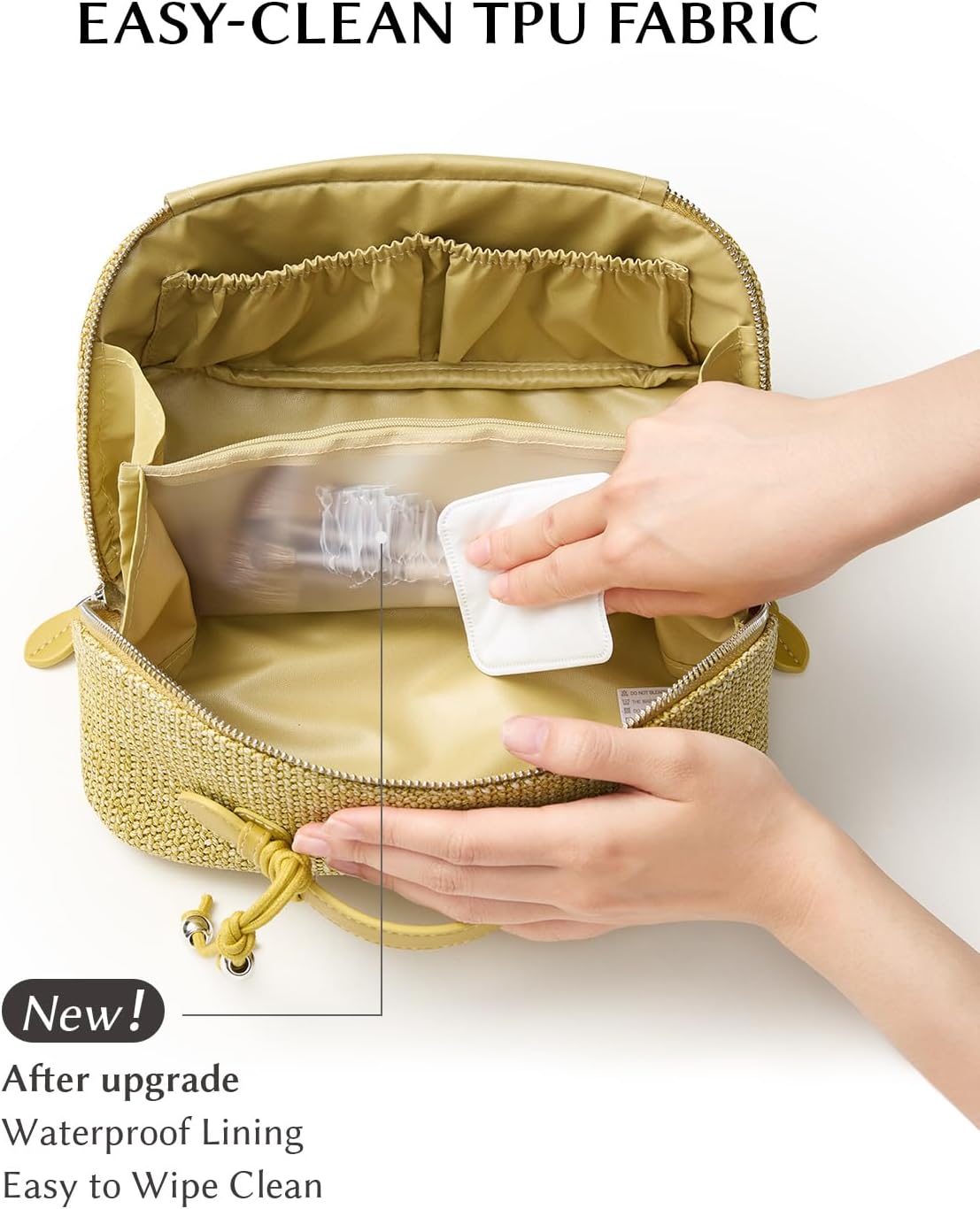 EACHY Makeup Bag, Woven Travel Toiletry Bag, Portable 180° Wide-Open Flat Cosmetic Bags for Women, Large Capacity Makeup Pouch with Divider and Handle