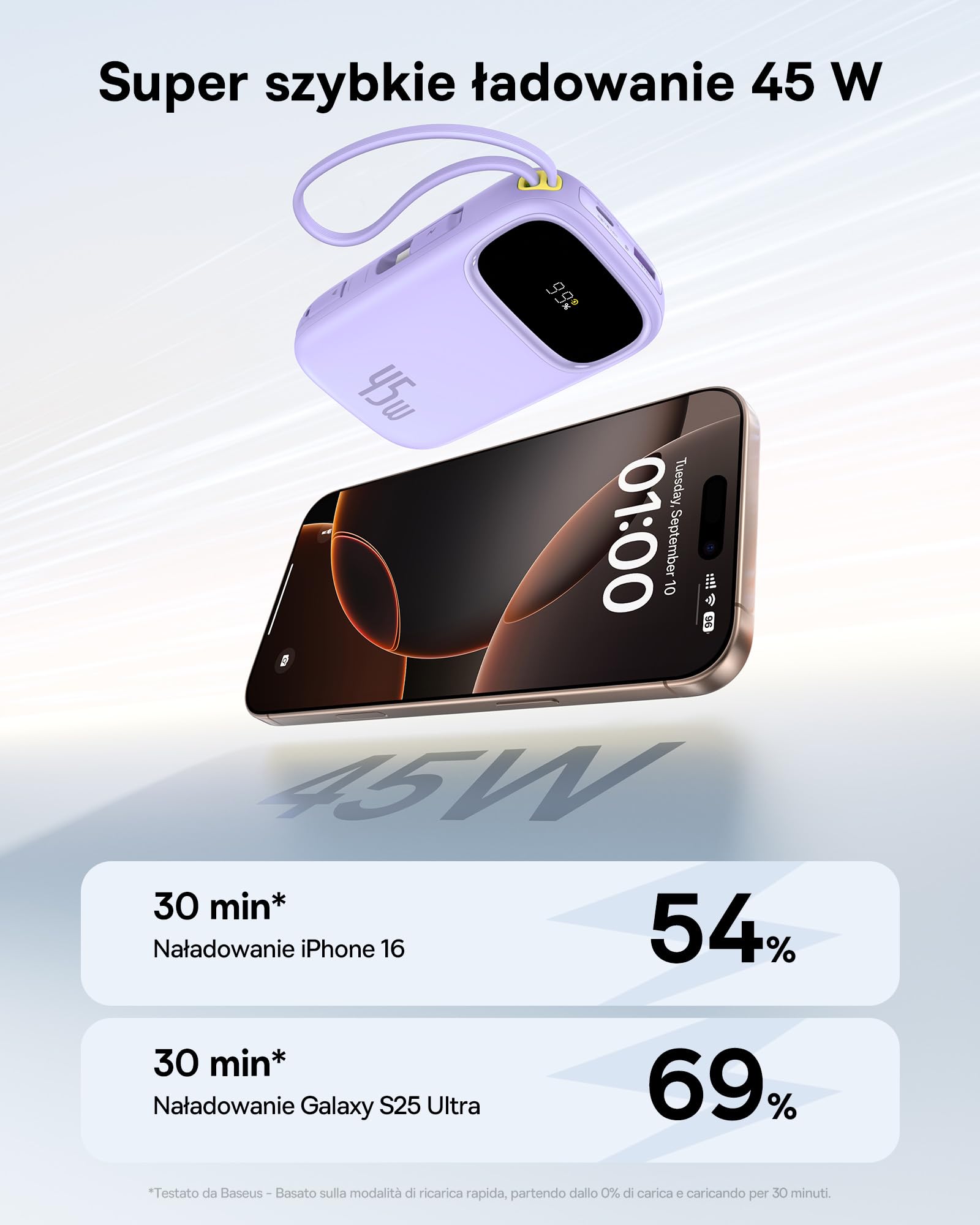 Baseus Powerbank 20 000 mAh 45 W z wbudowanym kablem USB-C, QPow3 Power Bank PD3.0 QC4.0, zewnętrzne akumulatory do telefonów komórkowych, 3 USB-C, 1 USB-A, przenośna ładowarka do iPhone 16/15/14 Pro