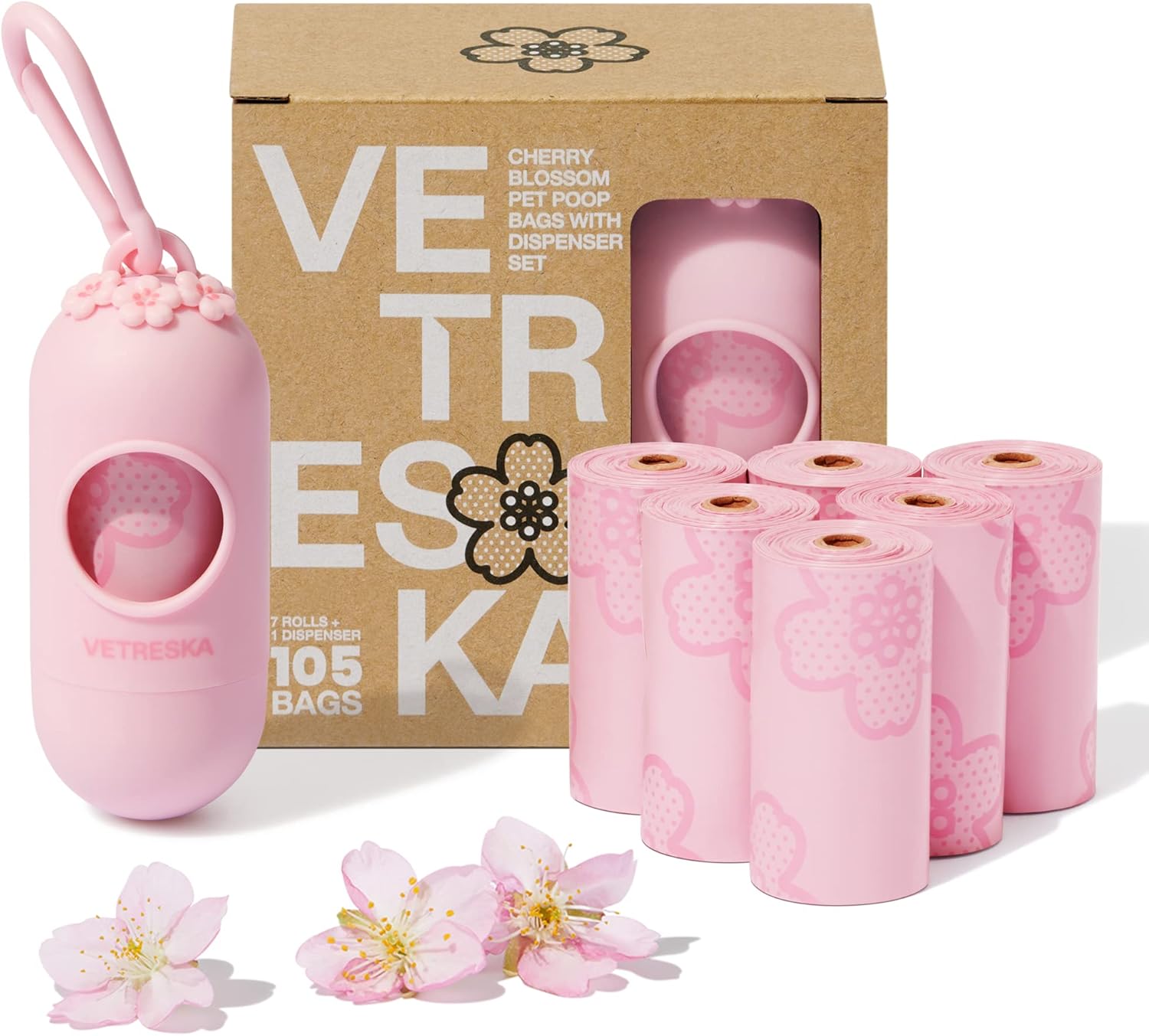 VETRESKA Dog Poop Bag Dispenser with Cherry Blossom Scented Bags, Leak Proof, Extra Thick Waste 1 Count Holder and 105 Bags for Walking Cats Litter, Pink