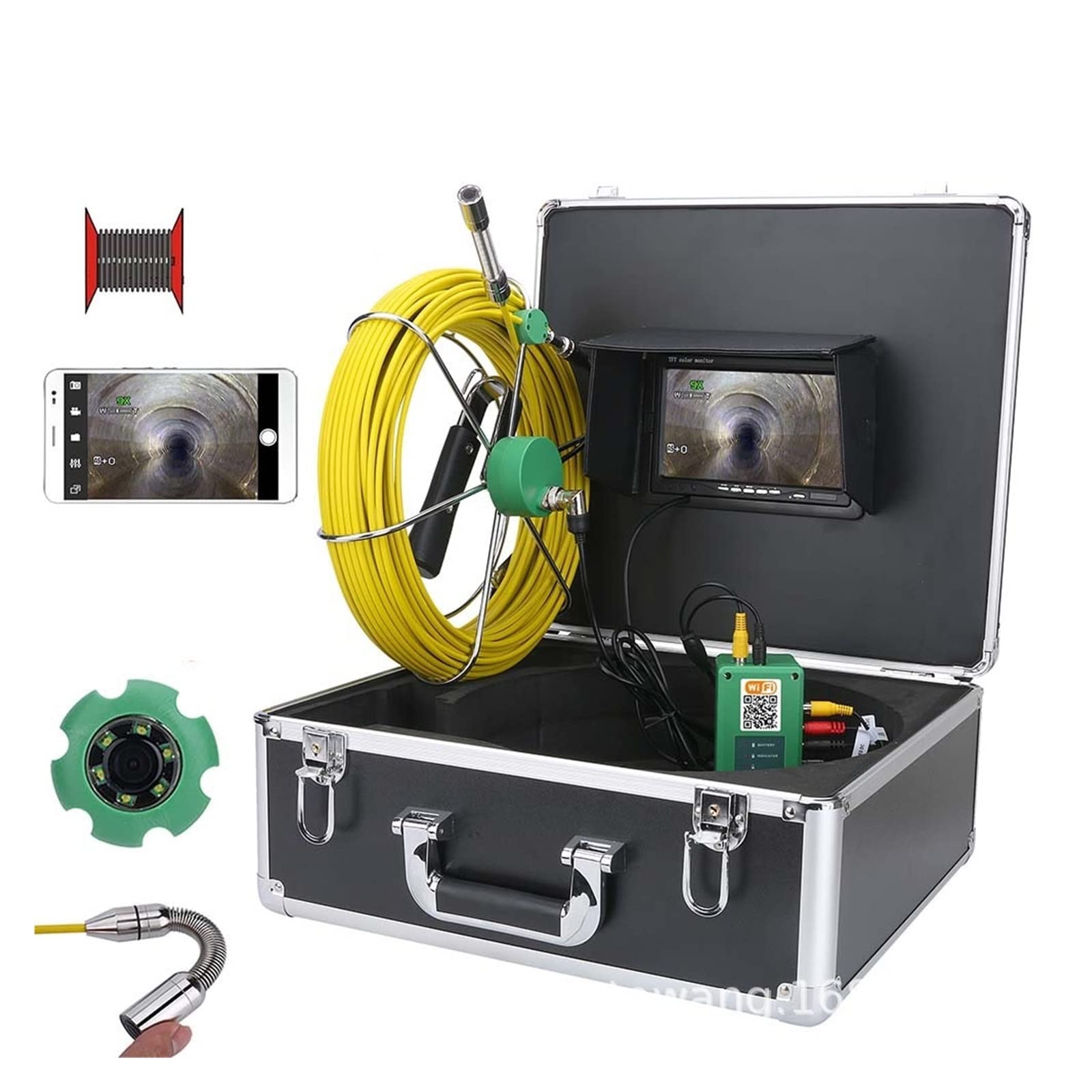 Kamera kanalizacyjna 7 -calowa bezprzewodowa Wifi Drenaż kanalizacji Industrial Endoscope 2 mm Przemysłowa kamera rur endoskopowa z LCD Monitor Antykorozyjna(F9200WF-20M)