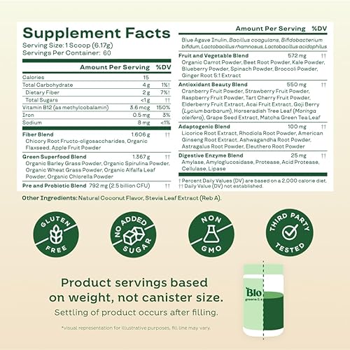 Vista 70 de Bloom Nutrition Green Superfood Super Greens Powder Juice & Smoothie Mix Comida entera completa (espirulina orgánica, clorela, hierba de trigo)