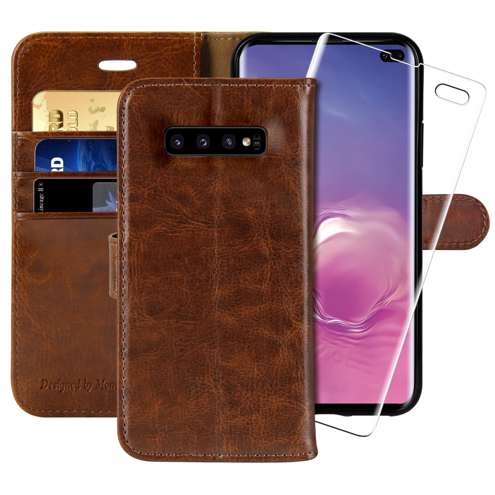 MONASAY Wallet Case Compatible for Galaxy S10 Plus, 6.4 inch, [Screen Protector Included][RFID Blocking] Flip Folio Leather Cell Phone Cover with