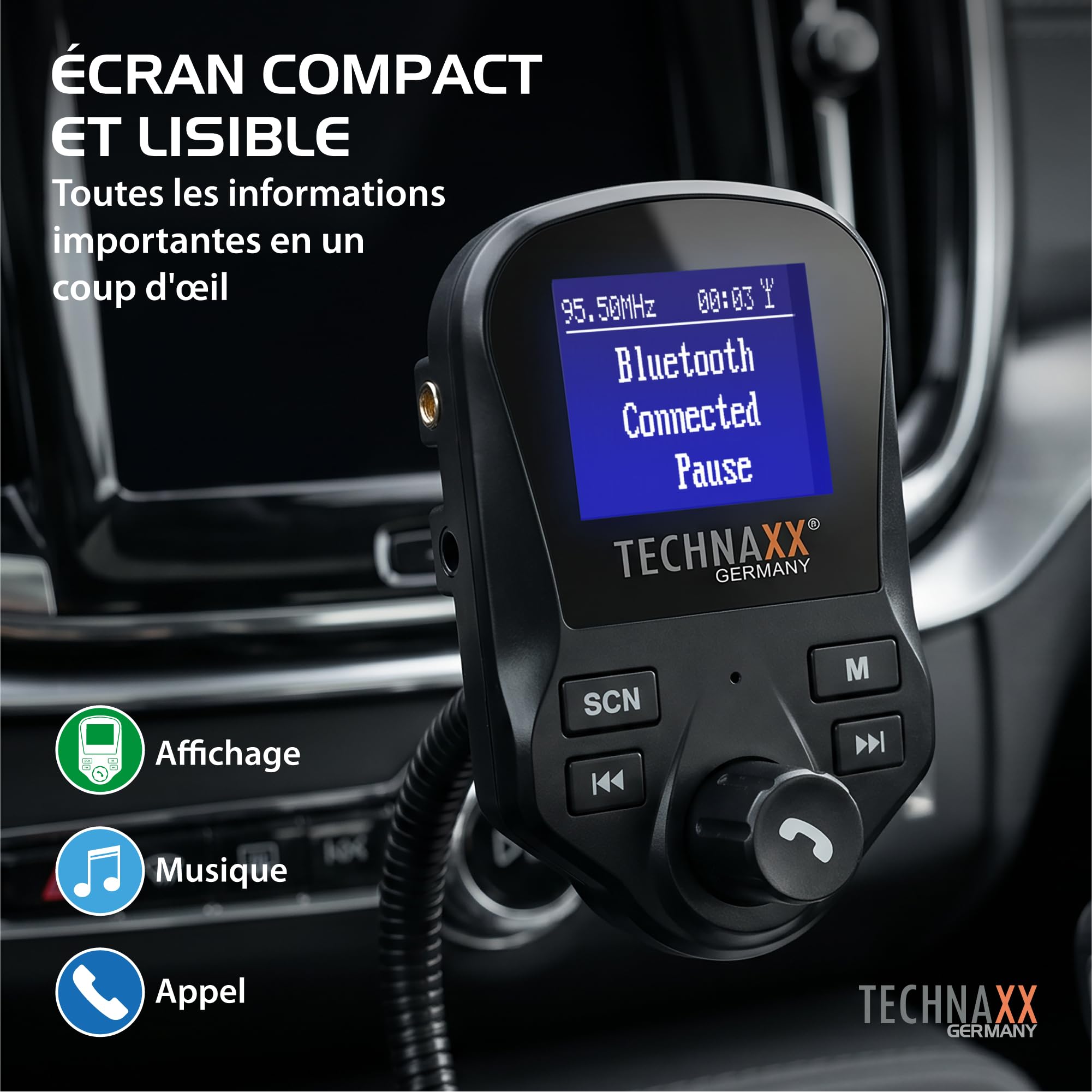 Technaxx Transmetteur FM DAB+ Bluetooth Voiture Kit Mains Libres – Adaptateur Radio DAB avec 2 USB (QC3.0), AUX, MicroSD, Grand Écran, Streaming Musique & Appels FMT1500BT