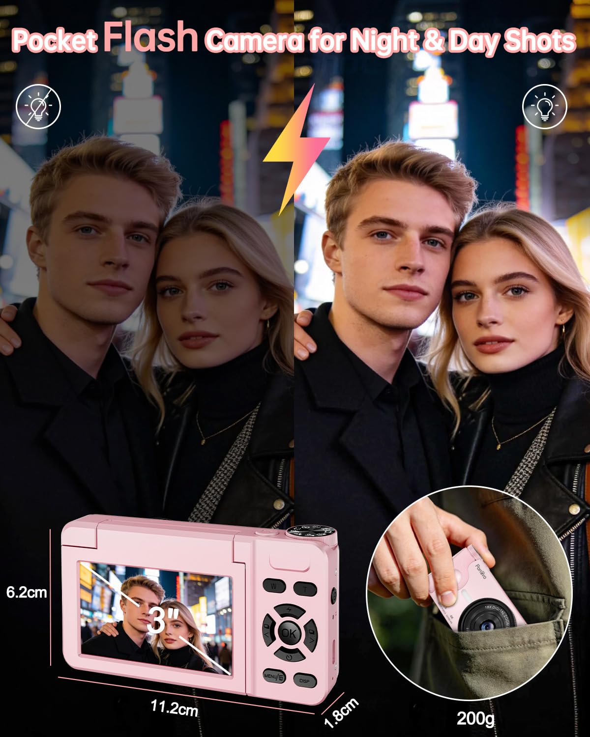 Fotocamera Digitale 4K Videocamera con Schermo 3" Rotante 180° per Vlog, Ponovo Macchina Fotografica Compatta 64MP Autofocus con Zoom Digitale 18X, 2000mAh Fotocamera Portatile 32GB per Studenti Festa