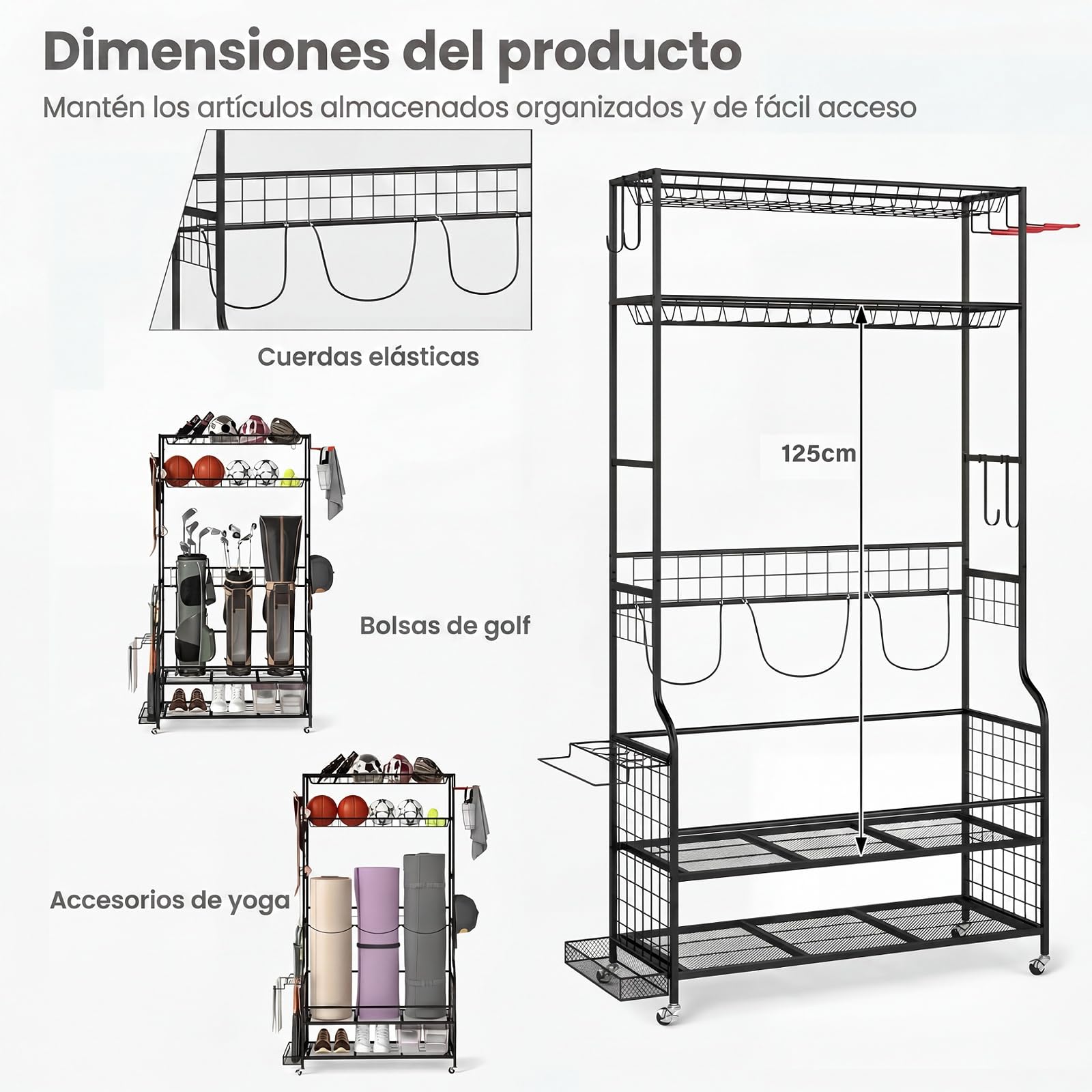 GYMAX Estante Organizador para Bolsas de Golf y Accesorios, con Capa Adicional para Palos y Ruedas Universales Bloqueables, para 2 Bolsas, Ideal para Garaje, Sótano y Cobertizo