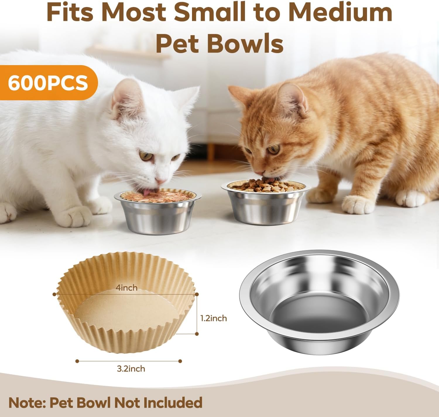 Pet Disposable Bowl Liners, Small Paper Dish Pads for Cats & Small Dogs, Round Feeding Station Inserts, Compatible with Dry or Wet Food, Leak-Resistant Meal Mats, 600 Count, Brown