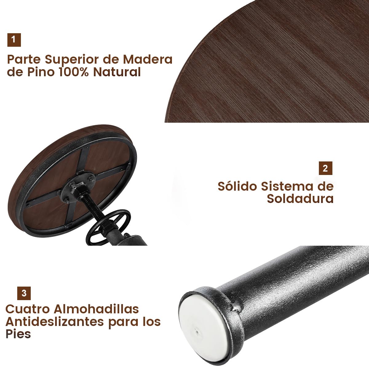 COSTWAY Taburete de Bar, Altura Ajustable 59,5-75cm, Silla Industrial Giratorio 360°de Asiento de Madera y Patas de Metal, Taburete Alto para Comedor Pub Cafeterías (Gris)