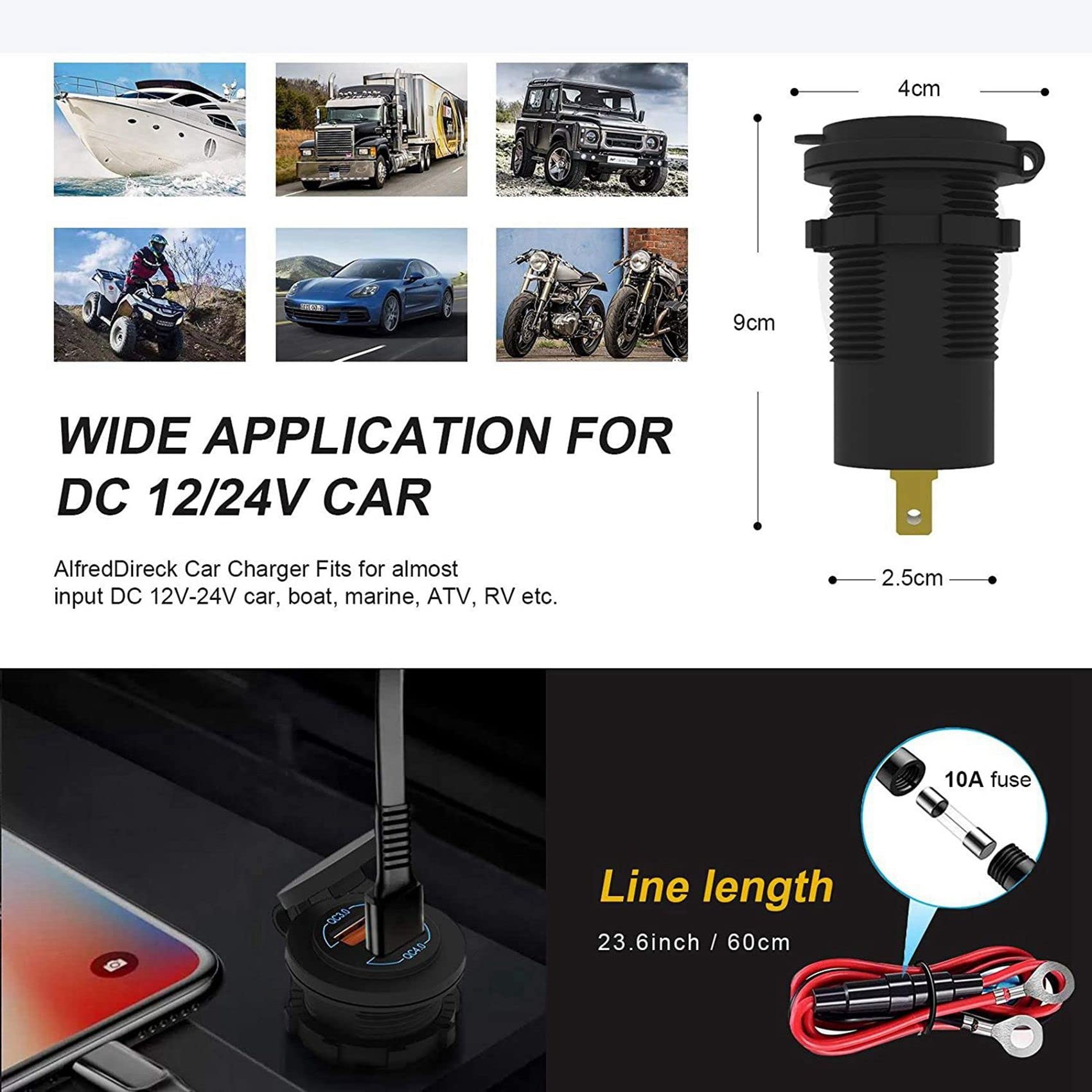 4X Quick Charge 4.0 PD QC 3.0 USB caricabatteria da auto 12 V 24 V 60 W presa USB caricabatterie rapido per auto, barca, camion, , moto