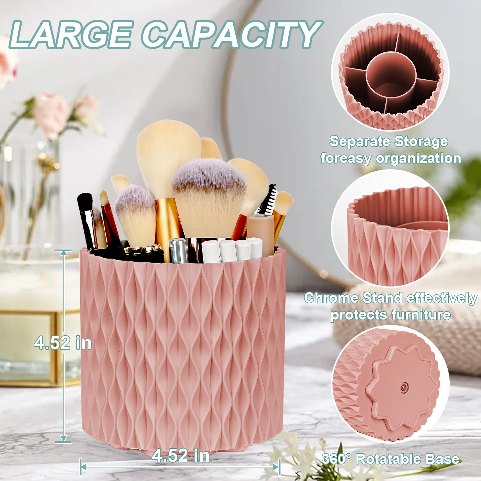 WAFJAMF Makeup Brush Holder 360 Rotating Cosmetics Holders Storage Cup for Vanity Desktop Bathroom Countertop 5 Slot Makeup Brushes Container - Classic Style - Pink