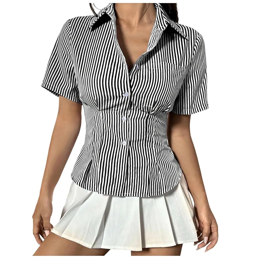 Women Y2K Button Up Shirts Short Sleeve Lapel Collar Ruched