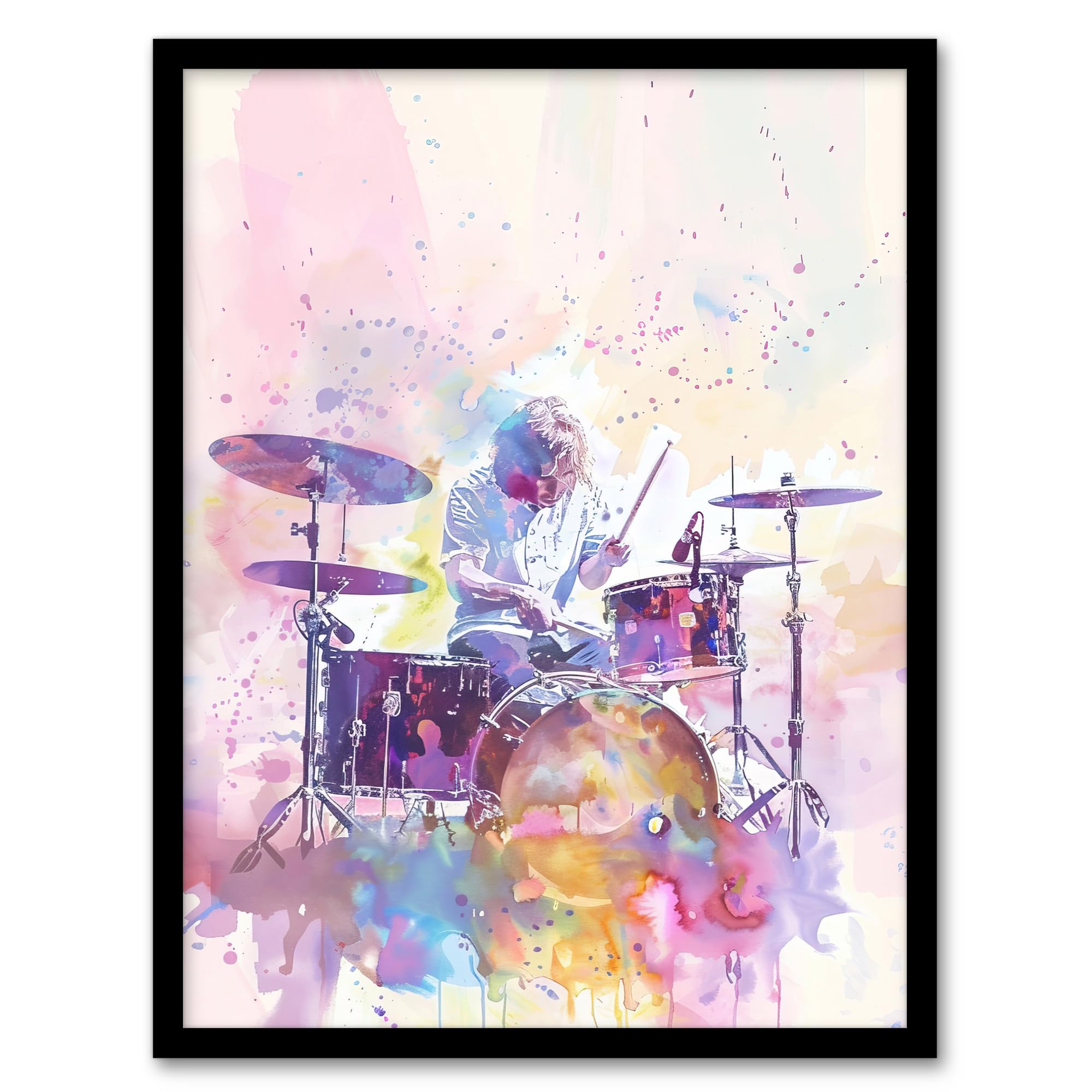 Artery8 Rainbow Modern Watercolour Portrait Drummer Drums Living Room Artwork Framed Wall Art Print 18X24 Inch