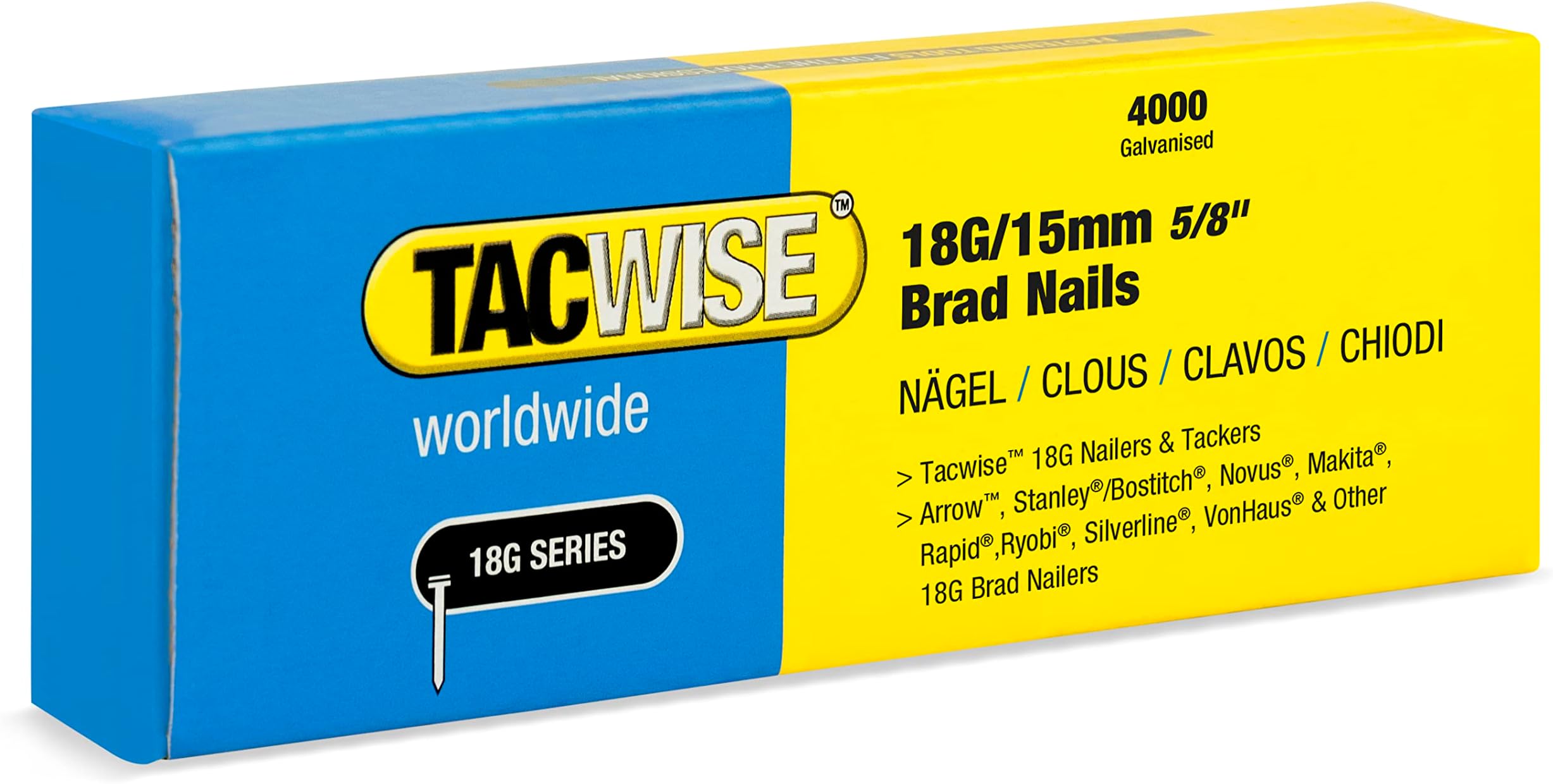 Tacwise 1708 Type 18G / 15 mm Galvanised Brad Nails, Pack of 4,000
