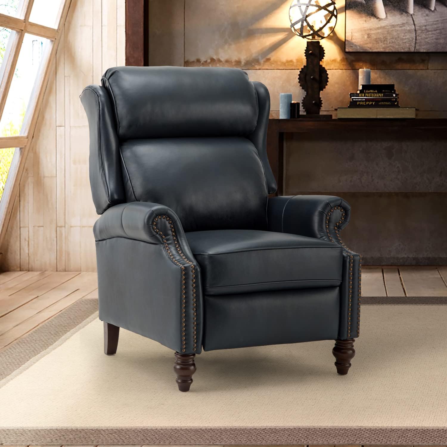 Navy Leather Recliner Chair Manual Pushback Thick Cushion Solid Wood Legs Nailhead Trim