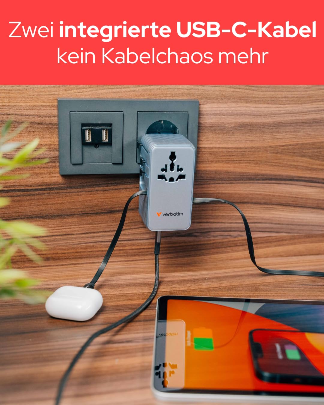 Verbatim GaN - Adattatore da viaggio 70 W, blu, con 2 cavi integrati e USB-C, USB-A, 2 connettori USA/JP, caricatore rapido universale per laptop, smartphone e molto altro ancora, utilizzabile in
