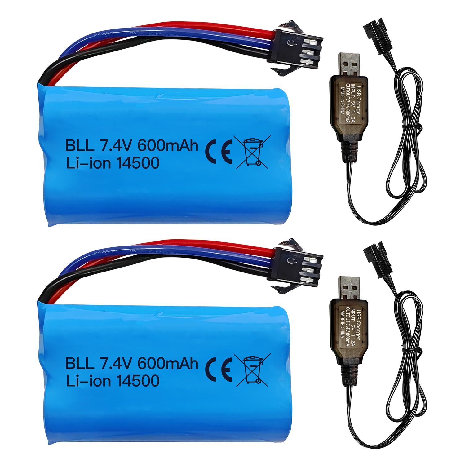 Fytoo 2PCS 7.4V 600mah 2S Li-ion Battery with SM-3P Plug with 2PCS USB Charging Cable for DE82 TK3086B G20601 RC Toy RC Car TK-3082B Stunt Flip Car Battery
