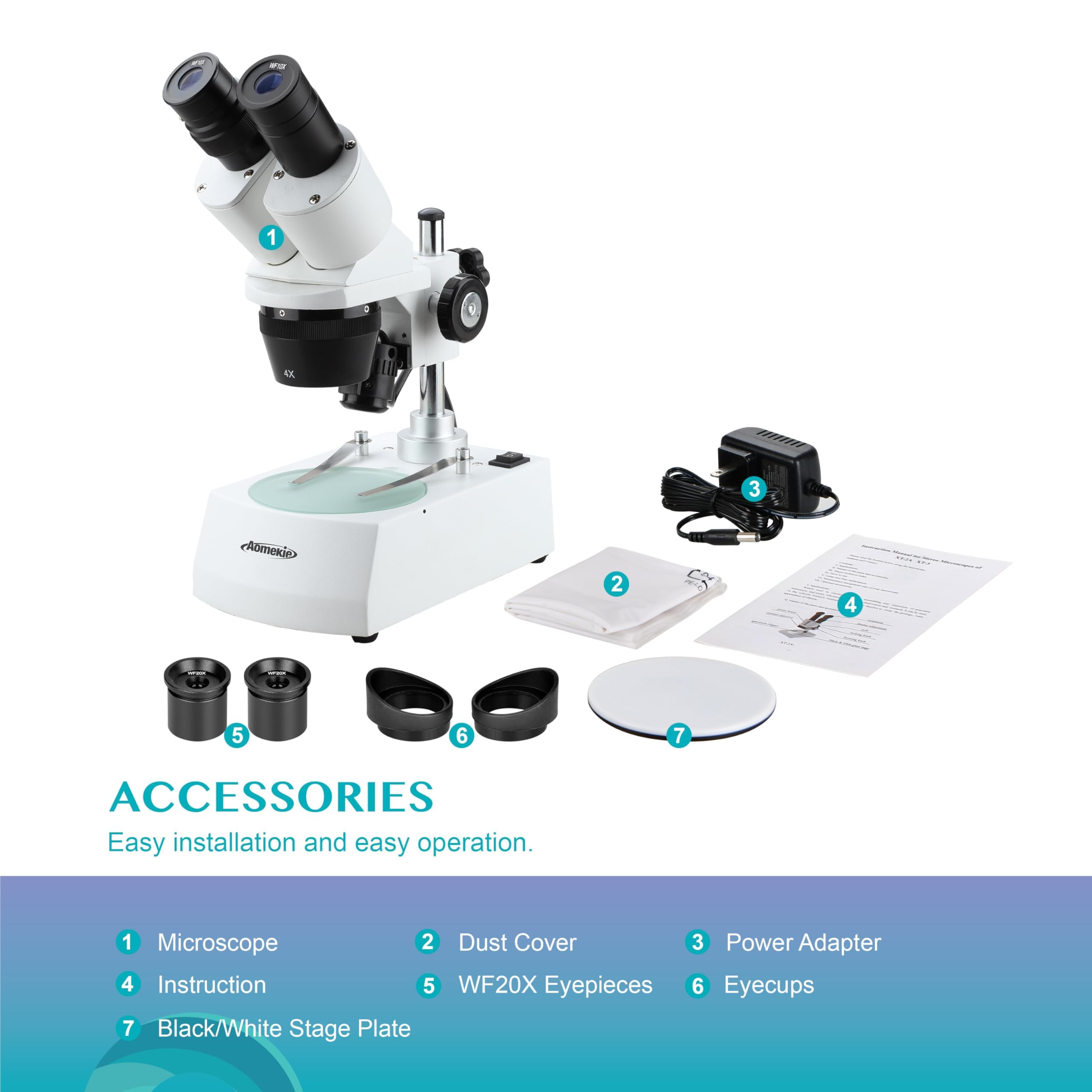 AOMEKIE Stereo Microscopio 20X/40X/80X Binoculare a Montaggio Frontale Oculari WF10X e WF20X, Obiettivi 2X e 4X Illuminazione LED Superiore e Inferiore Piastra Palcoscenico Reversibile Nero/Bianco.