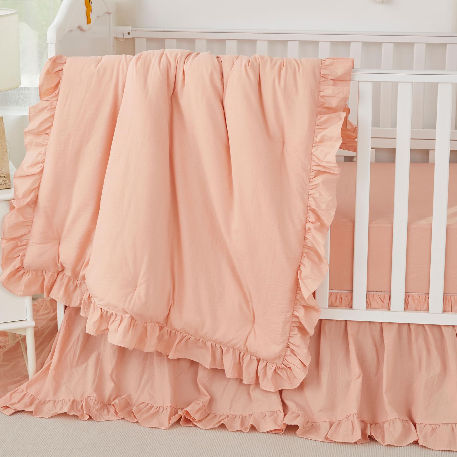 Brandream Juego de ropa de cama para cuna de bebé para niñas y niños, género neutro, bohemio, granja, elegante, con volantes, juego de ropa de cama de 6 piezas, 100% algodón lavado, rosa rubor