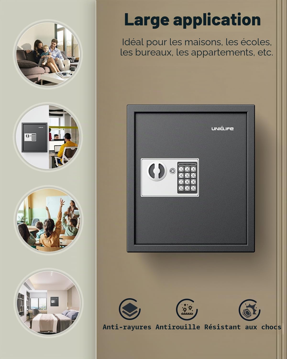 Uniclife Armoire à clés à 70 positions avec combinaison et serrure à clé - Fixation murale - Organiseur de clés numérique réinitialisable - Noir - Avec serrure à clavier - Supports réglables