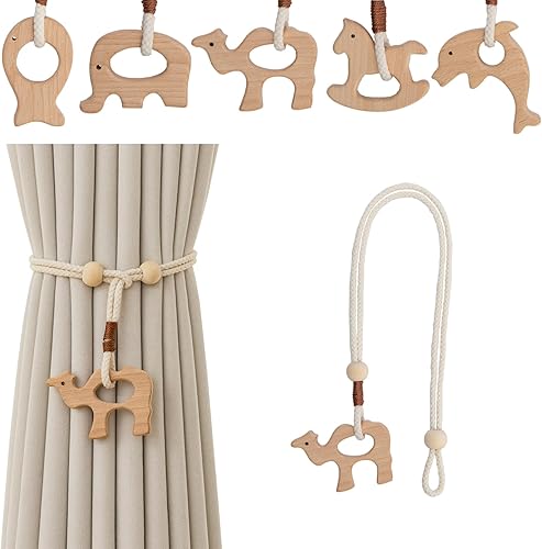Miniatura 10 de Abrazaderas de madera para cortinas de animales, cuerdas de algodón, para tratamiento de ventanas con cuentas de madera natural para decoración del
