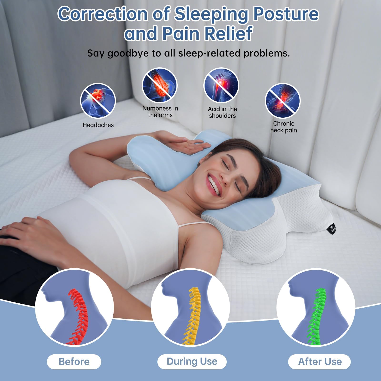 Almohadas Cervicales para Dormir, Almohada Ortopédica de Memoria de Forma con Diseño Mariposa, Cojín Ergonómico para Dormir de Lado, Espalda y Boca Abajo, 62 x 42 x 10,5 cm, Azul