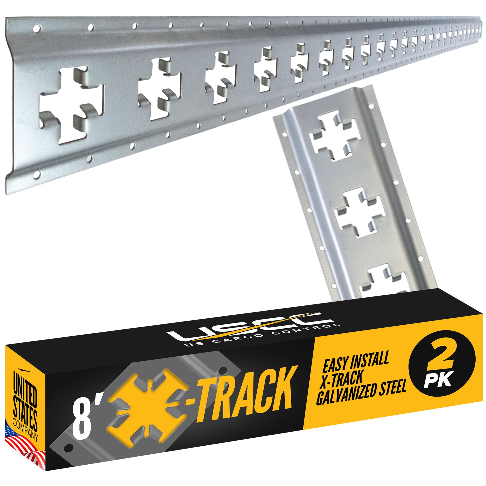 US Cargo Control X Track Rails (2-Pack), 8 FT Galvanized X-Track Rail for Trailers, Pickup Trucks, Garages, and Sheds - Use with E-Track Straps for Vertical and Horizontal Alignment