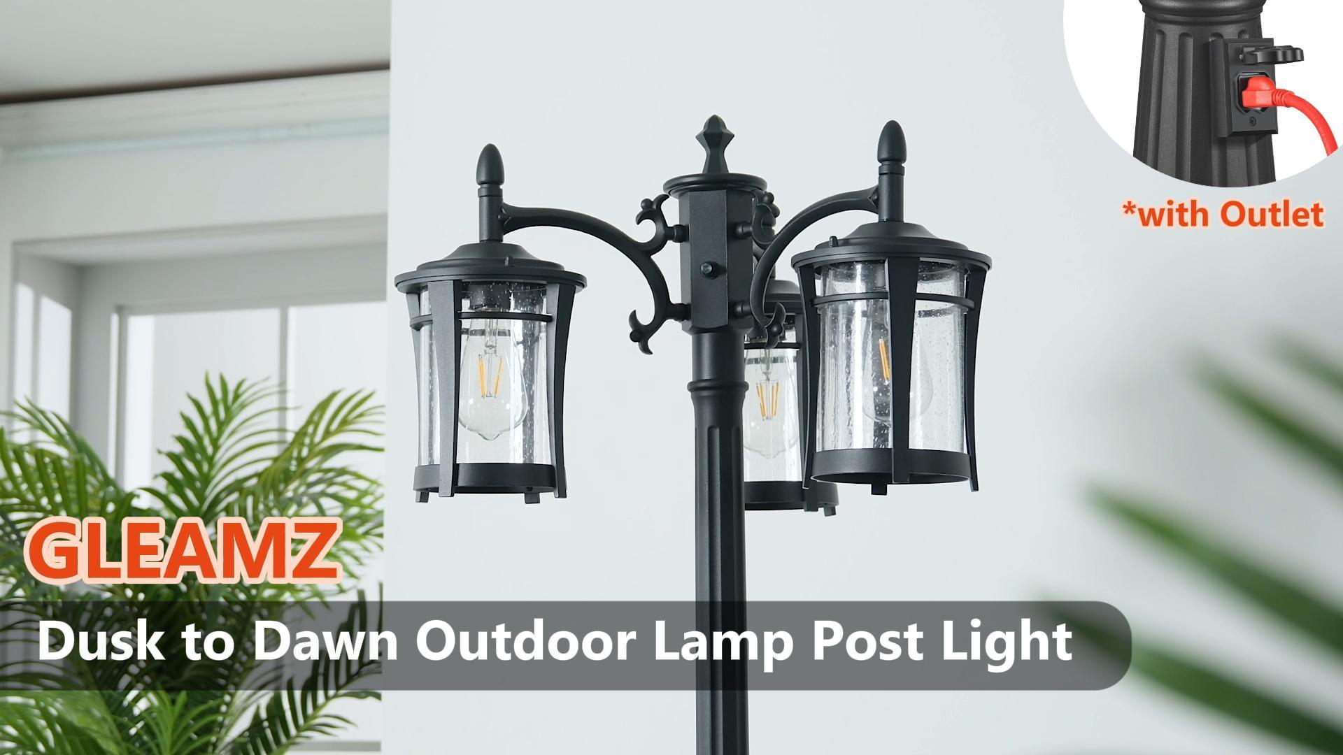 Image of Gleamz Outdoor Lamp Post with Outlet, Black Lamp Posts Outdoor Lighting | Dust to Down Photocell Sensor, Extra Outlet & Hardwired 120VAC, 100% Aluminum Street Lamp Post, Anti-rust Aluminum Frame