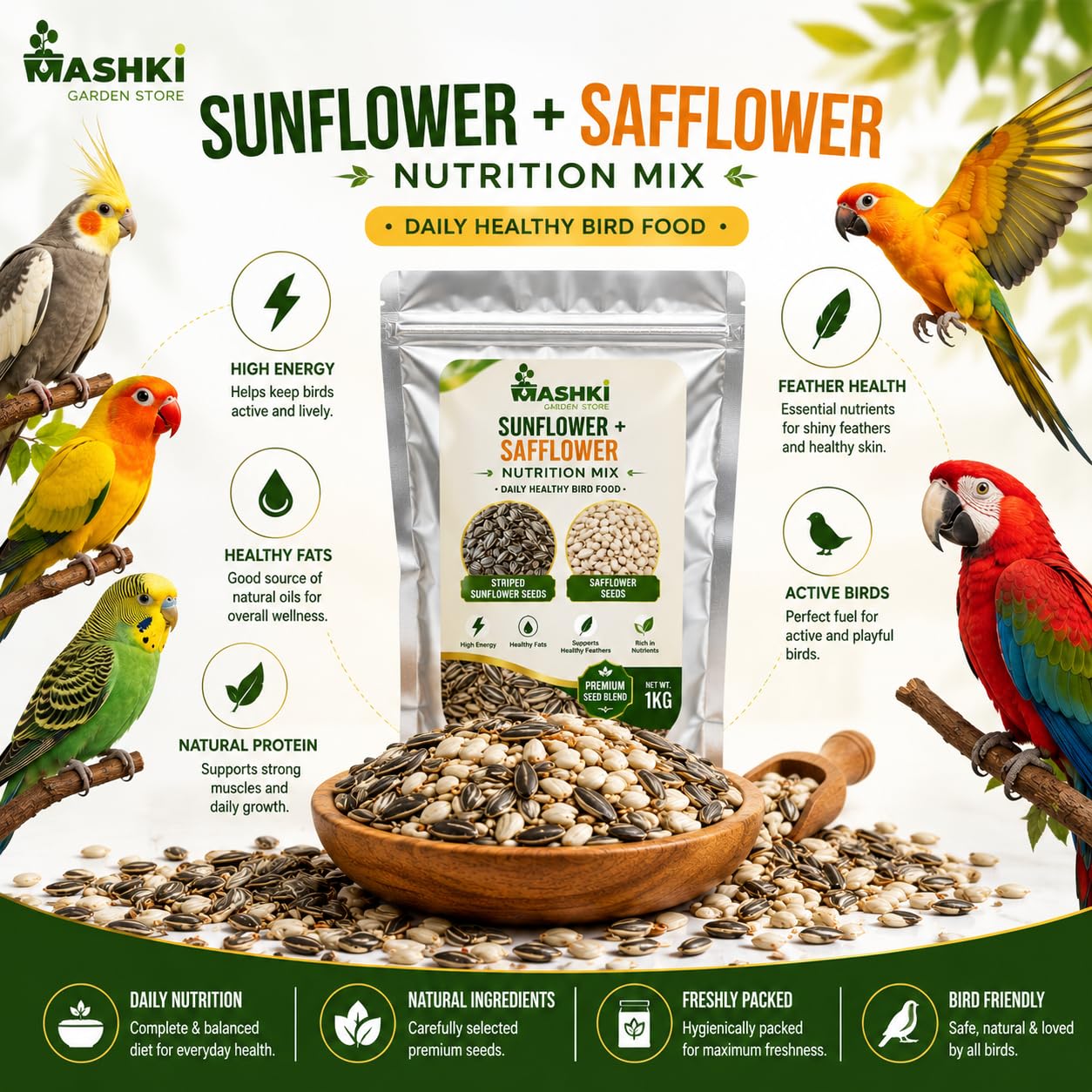MASHKI Sunflower and Safflower Rich Nutrition Mix Seed Daily Bird Food Cleaned Organic Combo Kusum beej and Surajmukhi Dry - New Born, Young, Adult, Senior Bird Food 1