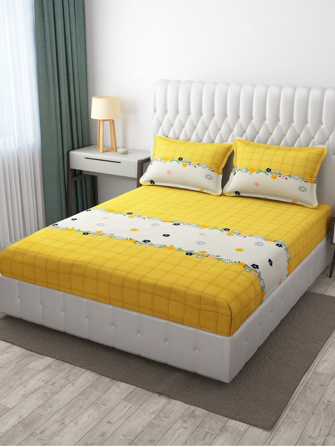THE HOME STYLE Cotton Feel Glace Cotton Elastic Fitted Printed Queen Size Double Bed Bedsheet With 2 Pillow Cover(60"X78",Cadmium Yellow),300 TC