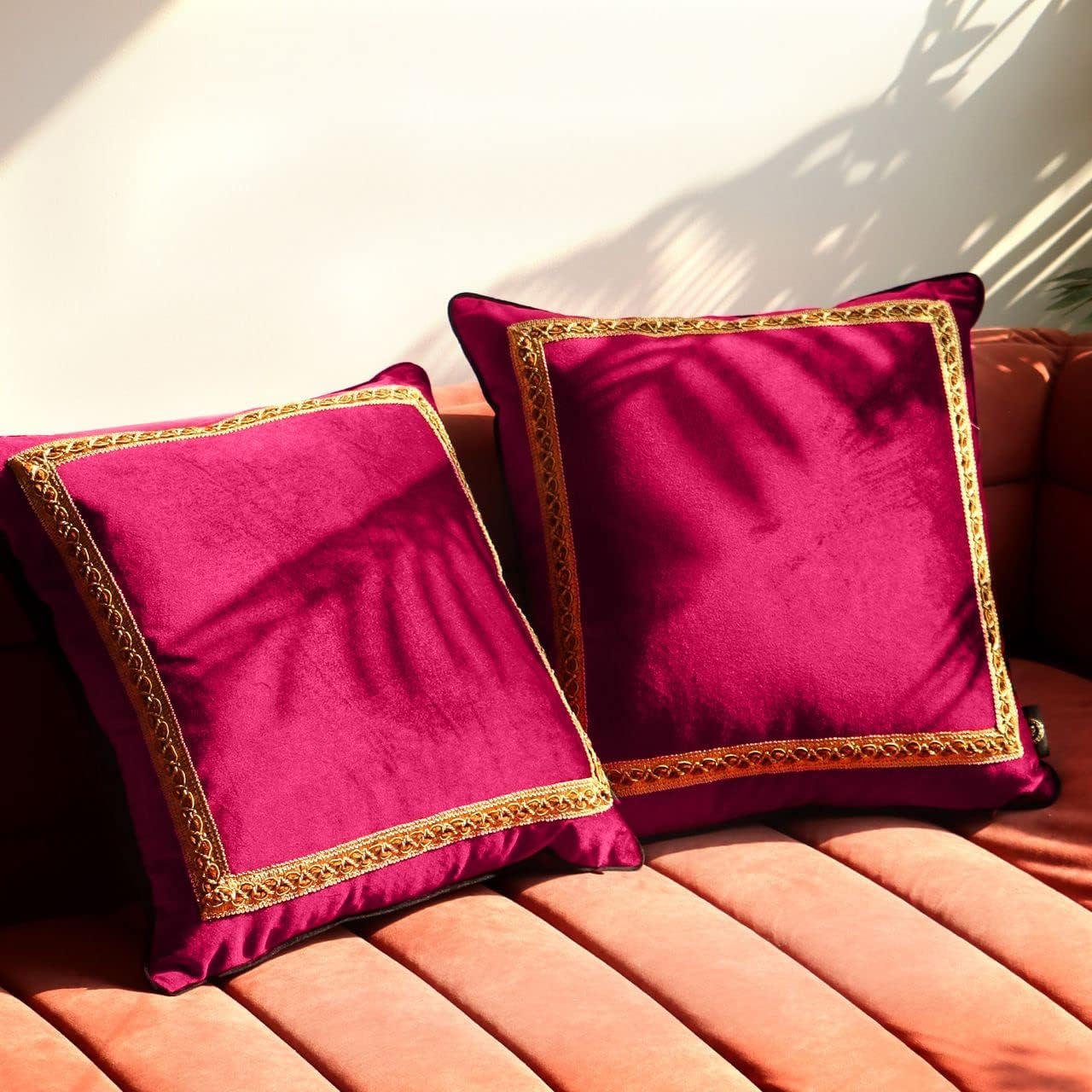 Decorative Velvet Throw Pillow Covers for Sofa Couch Bed Chair, Embroidery Pattern Design, Ruby Red, Pack of 2, 18x18 Inch