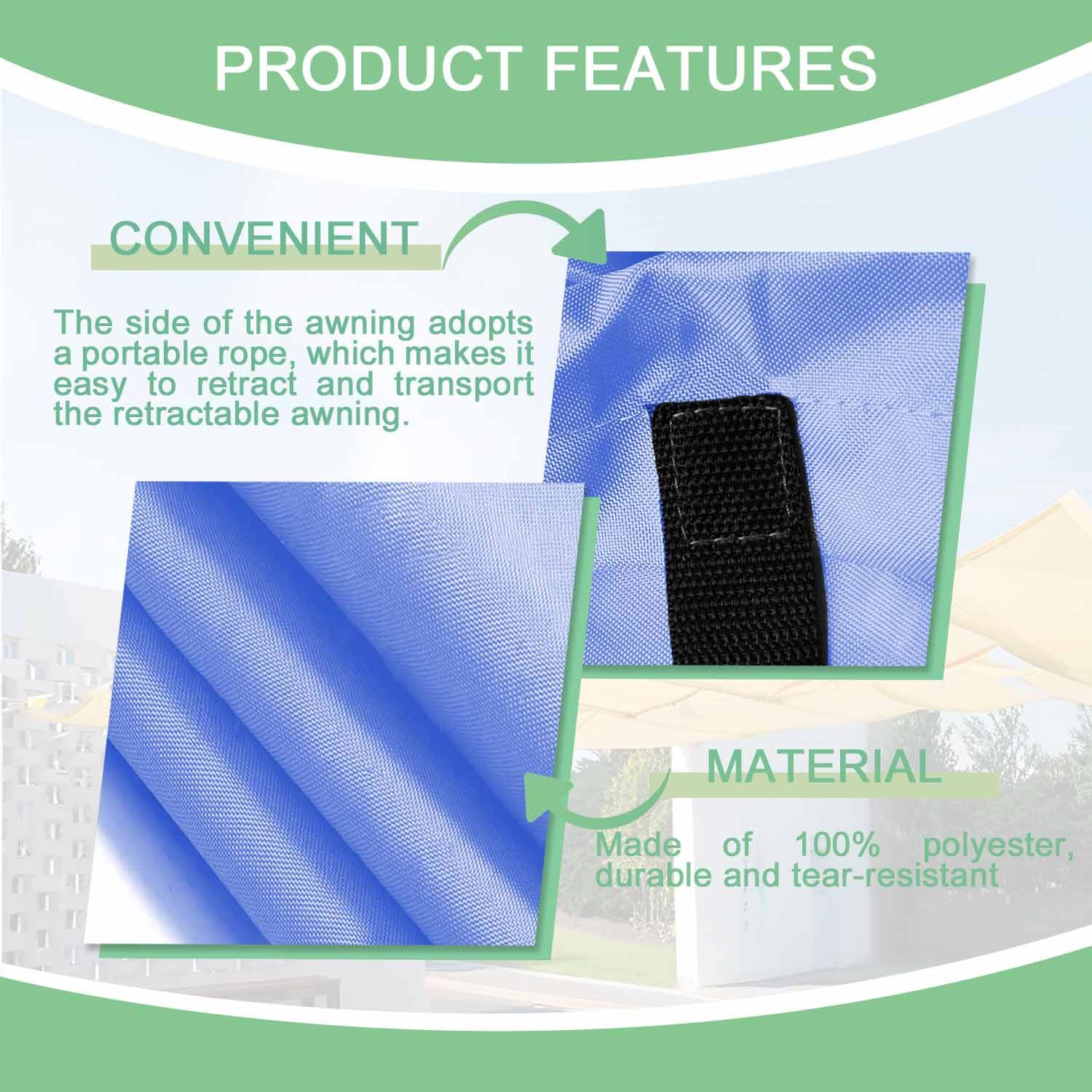 Pare-soleil rétractable – Housse d'extérieur imperméable et respirante pour terrasse, cour, abri d'auto – Design coulissant réglable – 0,5 x 2 m (l x L) – Bleu roi