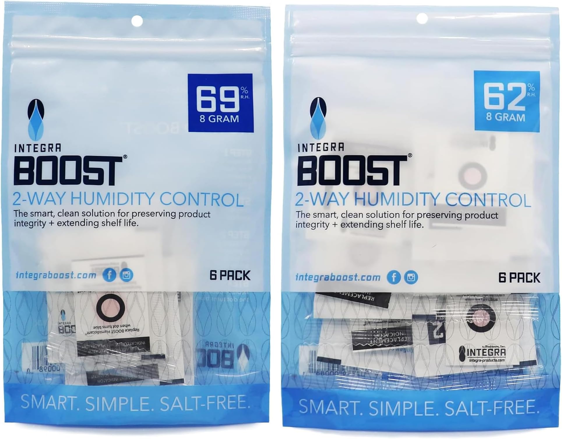 Humidity Control Packs – 69% RH 8g (6 Pack) + 62% RH 8g (6 Pack) | Humidity Packs with Replacement Indicator Cards - Moisture Absorber for Herbs, Spices and more