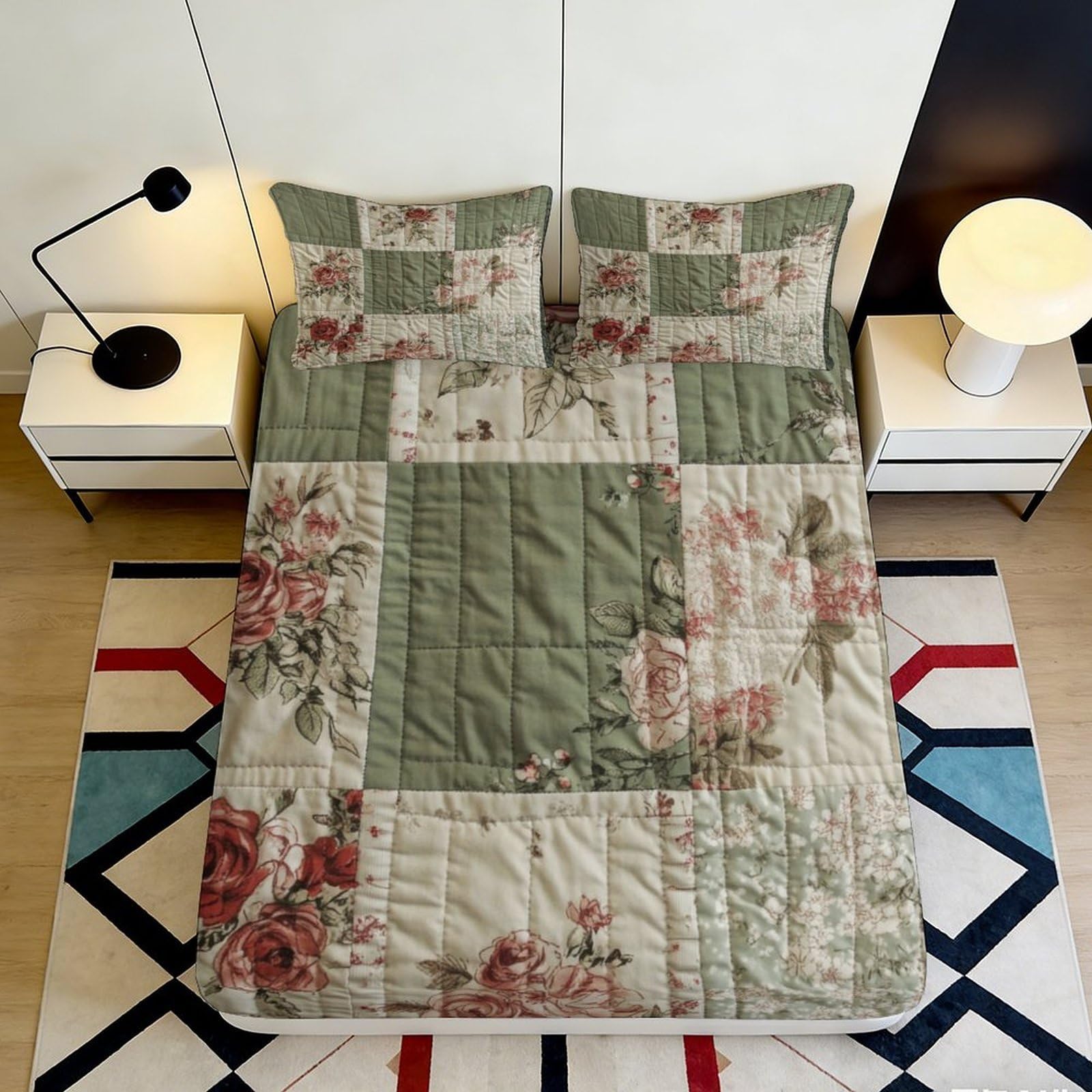 3D Printed Botanical Patchwork Fitted Sheet Microfiber Green Floral Bed Cover for Bedroom Guest Room Mattress Protector 90x200x25cm