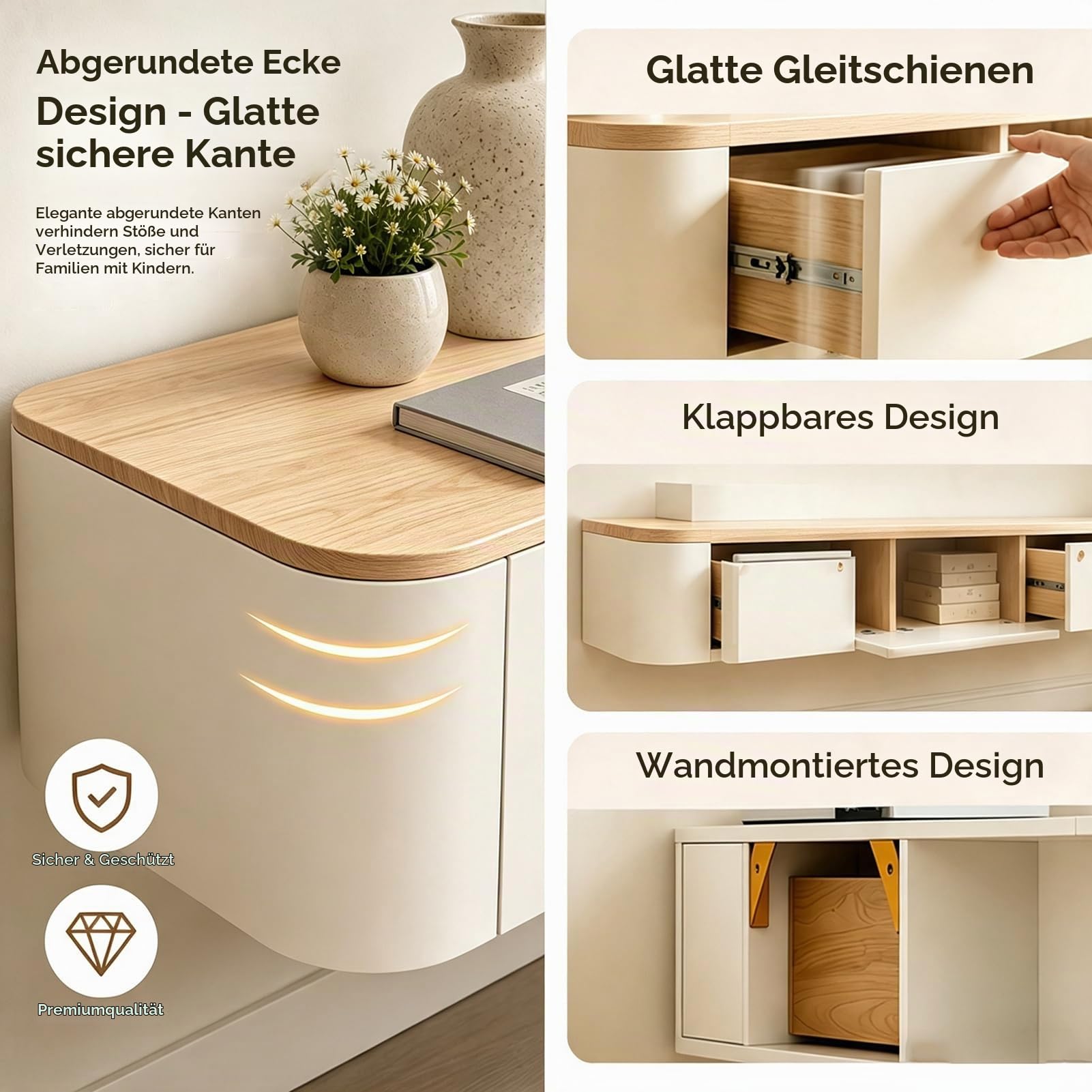 Schwebende TV Schrank 180cm Beige, Modern TV Lowboard Hängend, TV Board Hängend mit 2 Schubladen 1 Klappen Türen & Kabelmanagement, für Wohnzimmer und Esszimmer
