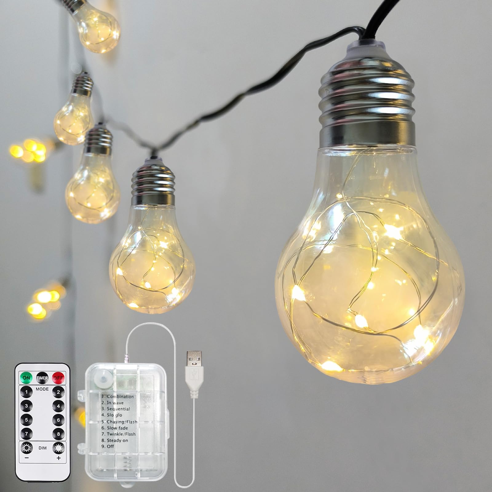Battery Operated Outdoor Lights 22.85FT 20 Edison Bulb String Light Outdoor 100 LED Fairy Lights with Timer & 8 Modes, Warm White Indoor String Light