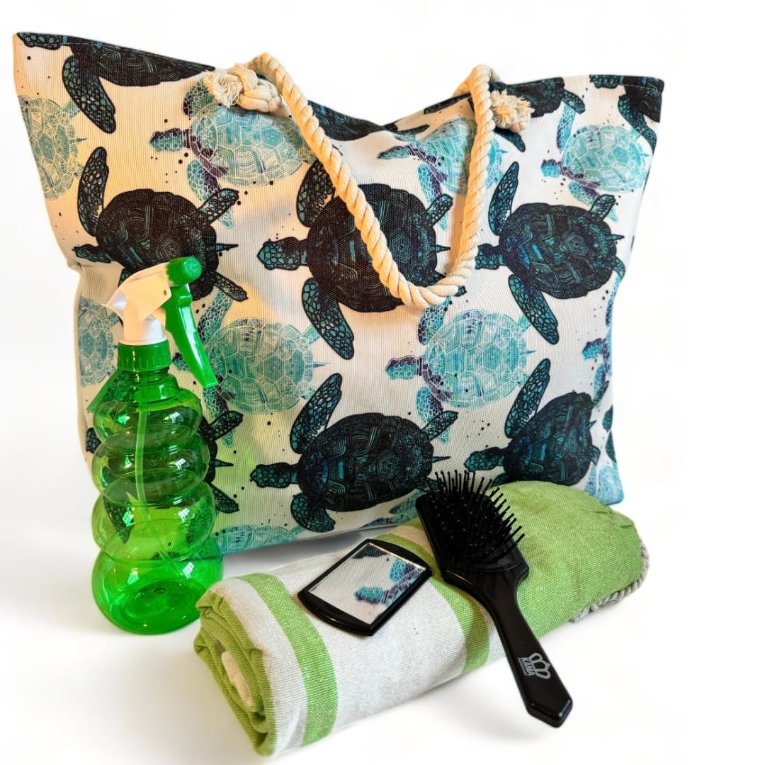 NARAMAKI NARAMAKI Bolsa de playa de diseño de tortuga de 55 x 40 x 13 cm + toalla de playa de Foutà 90 x 170 cm + cepillo con espejo 18 cm + pulverizador de 500 ml – Kit para playa o piscina (azul/azul)