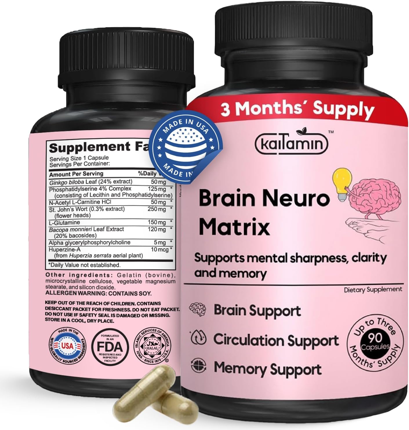 Brain Neuro Matrix – Memory & Focus Nootropic with Ginkgo Biloba & Huperzine A – Caffeine-Free Vegan Brain Supplement for Clarity, Focus & Mood – 90 Capsules (3-Month Supply)