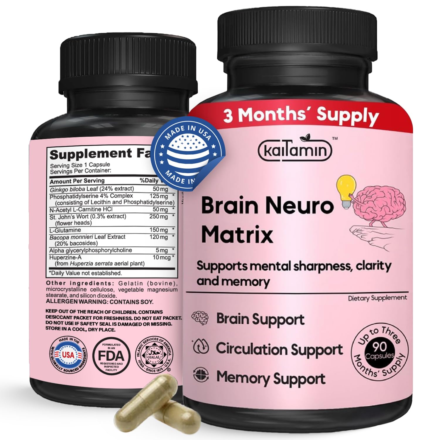 Memory & Focus Nootropic – Brain Neuro Matrix with Ginkgo Biloba & Huperzine A – Vegan, Natural, Caffeine-Free – Supports Clarity & Mood for Students, Seniors & Professionals – 90 Caps 3-Month Supply