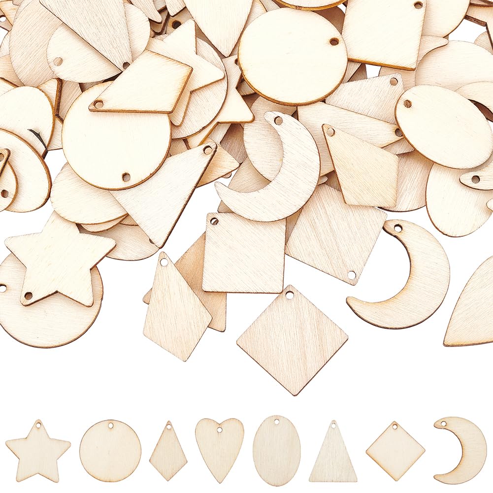 PH PandaHall 160pcs 8 Styles Small Undyed Wood Pendants Natural Star Moon Shapes for Earring Necklace Jewelry DIY Craft Making Tree Ornaments Hanging