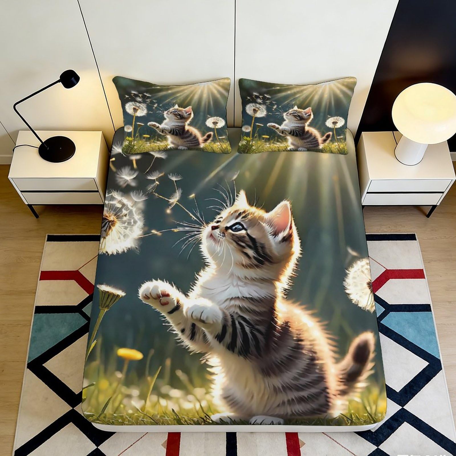 3D Printed Cat Dandelion Fitted Sheet Microfiber Soft Breathable Kitten Meadow Mattress Cover for Bedroom Dorm Decor 90x200x25cm