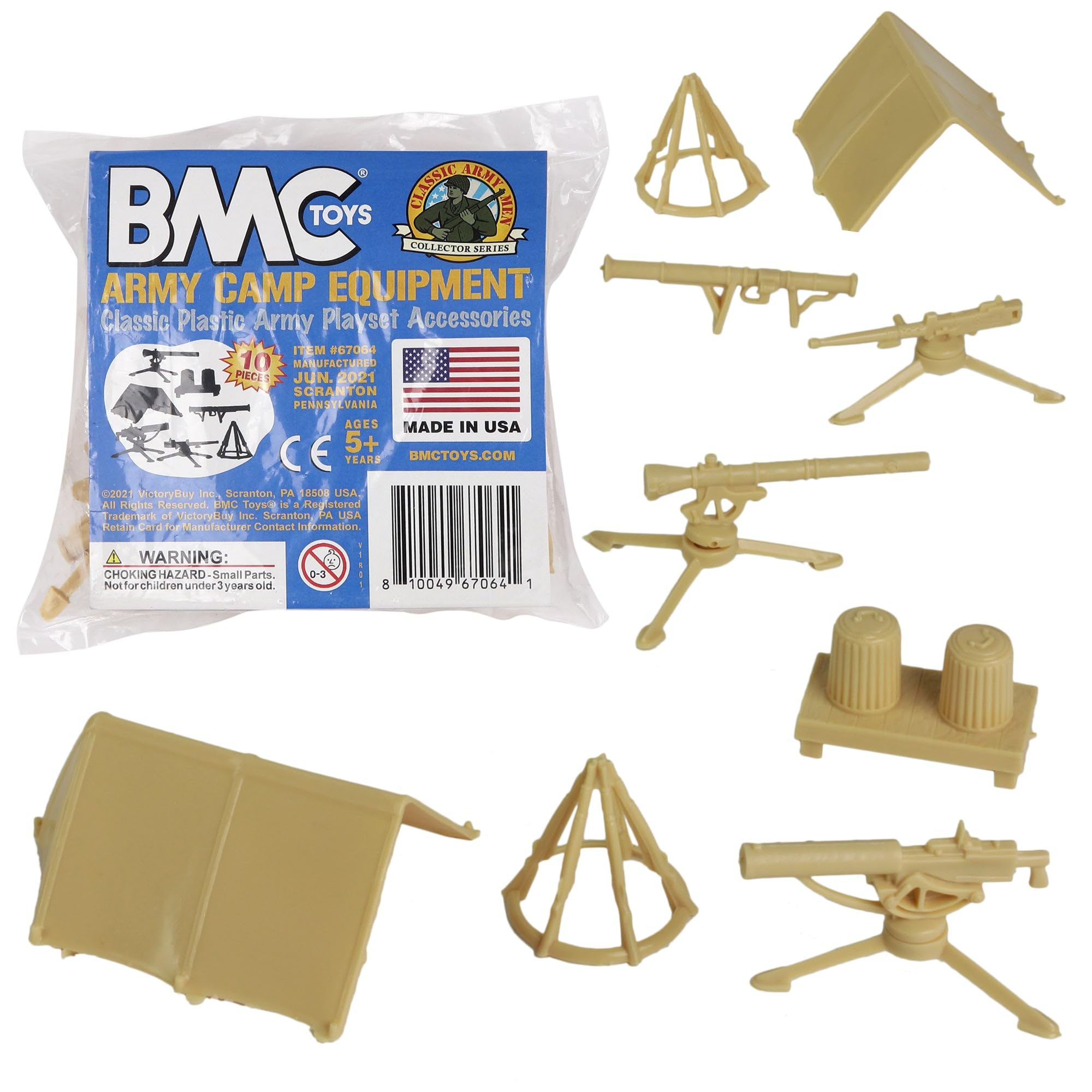BMC Classic Plastic Army Men Playset Accessories - 10pc Military Camp - US Made