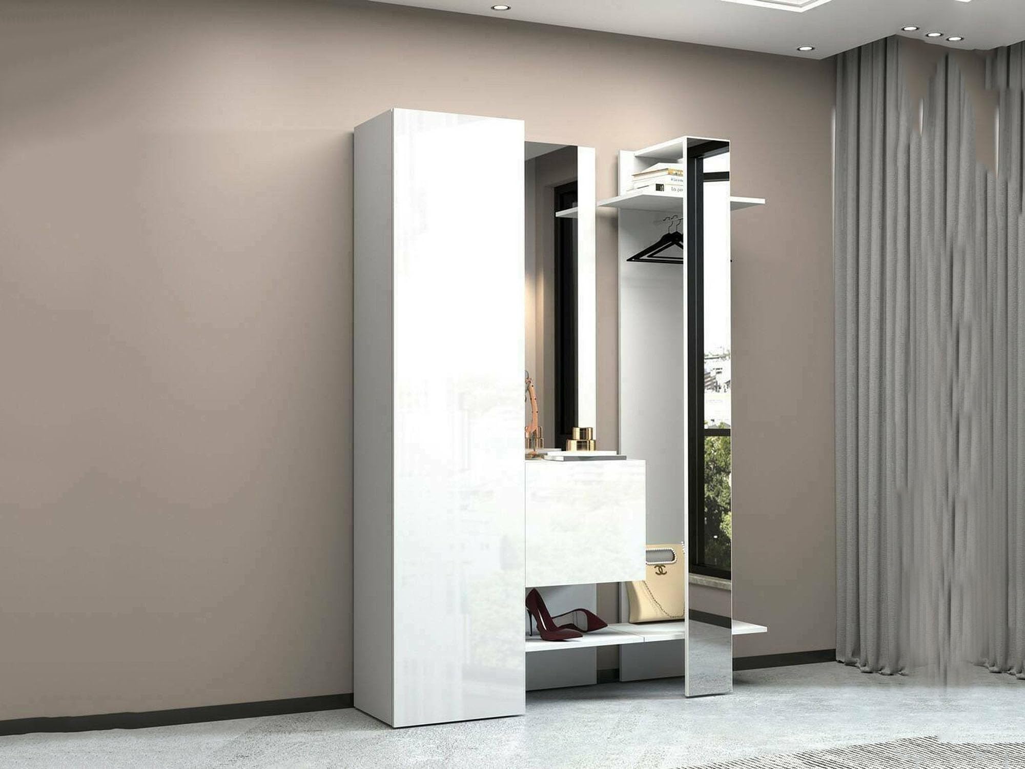 Dmora - Mobile da ingresso Vilmaro, Armadietto multifunzione a 2 ante, Appendiabiti da parete con 2 specchi, 140x35h190 cm, Bianco
