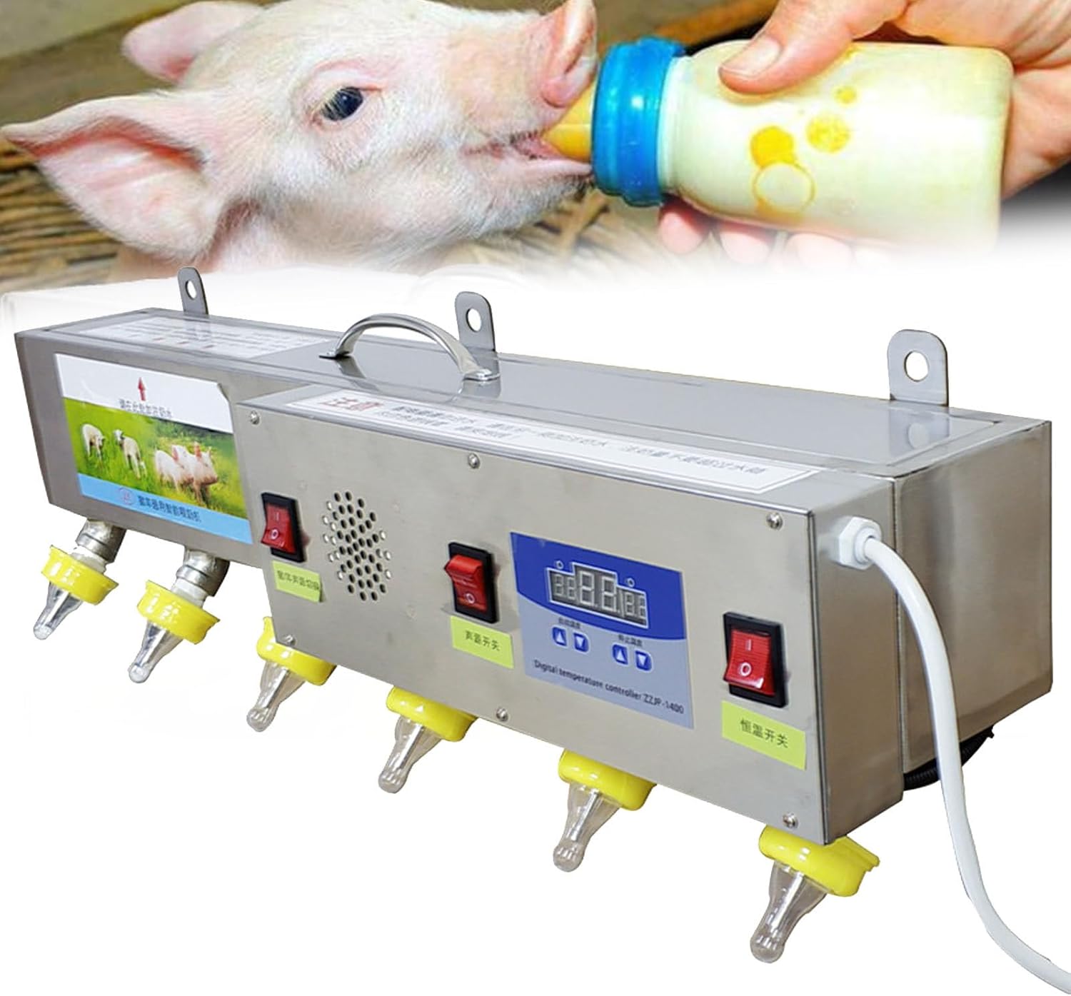 Piglet Lamb Feeder, Universal Suckling Machine for Lambs, Stainless Steel Constant Temperature Feeder, 6 Fully Automatic Sound Simulation Nipple feeders