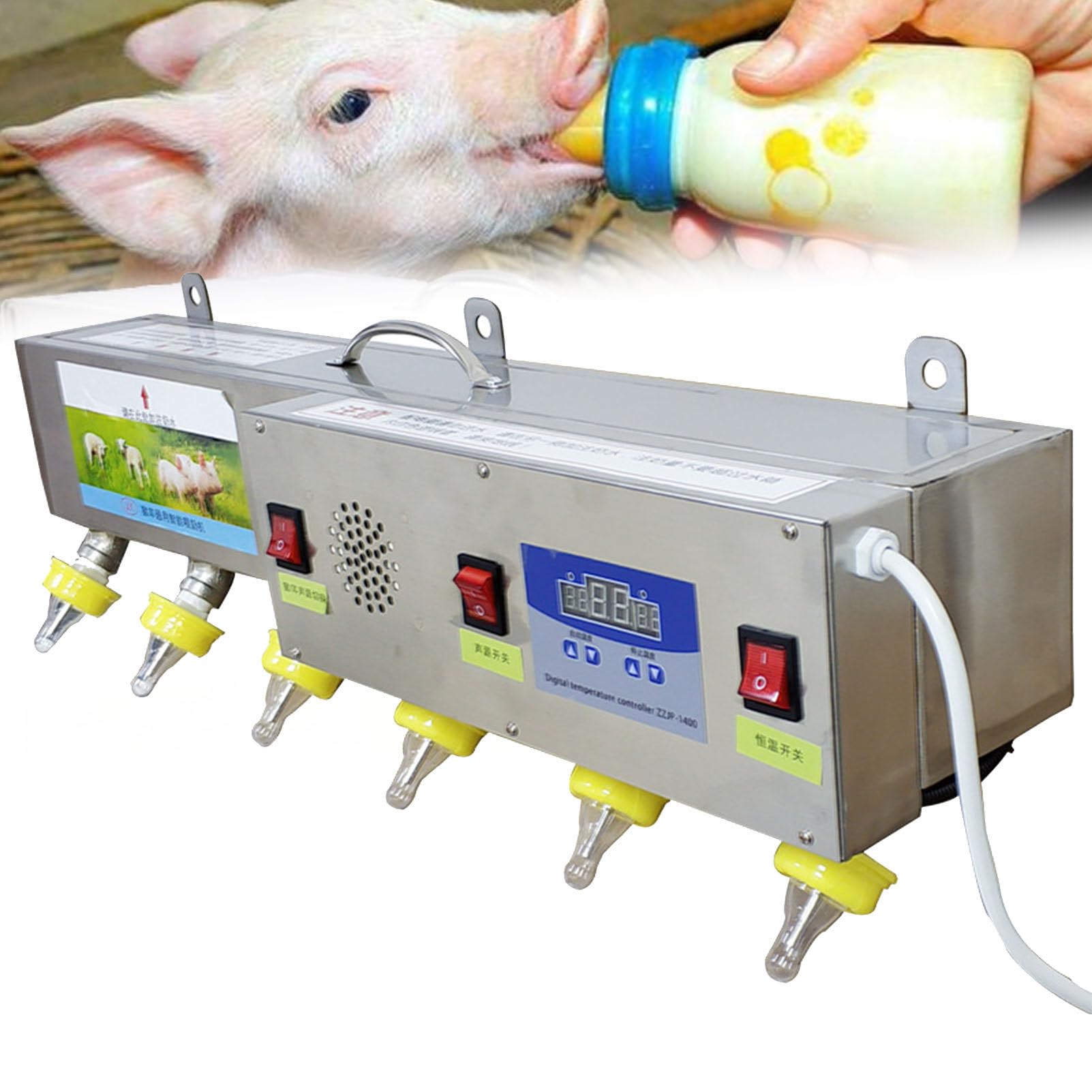 Comedero universal para lechones y corderos, alimentador de acero inoxidable a temperatura constante, 6 comederos de tetina totalmente automáticos con simulación de sonido