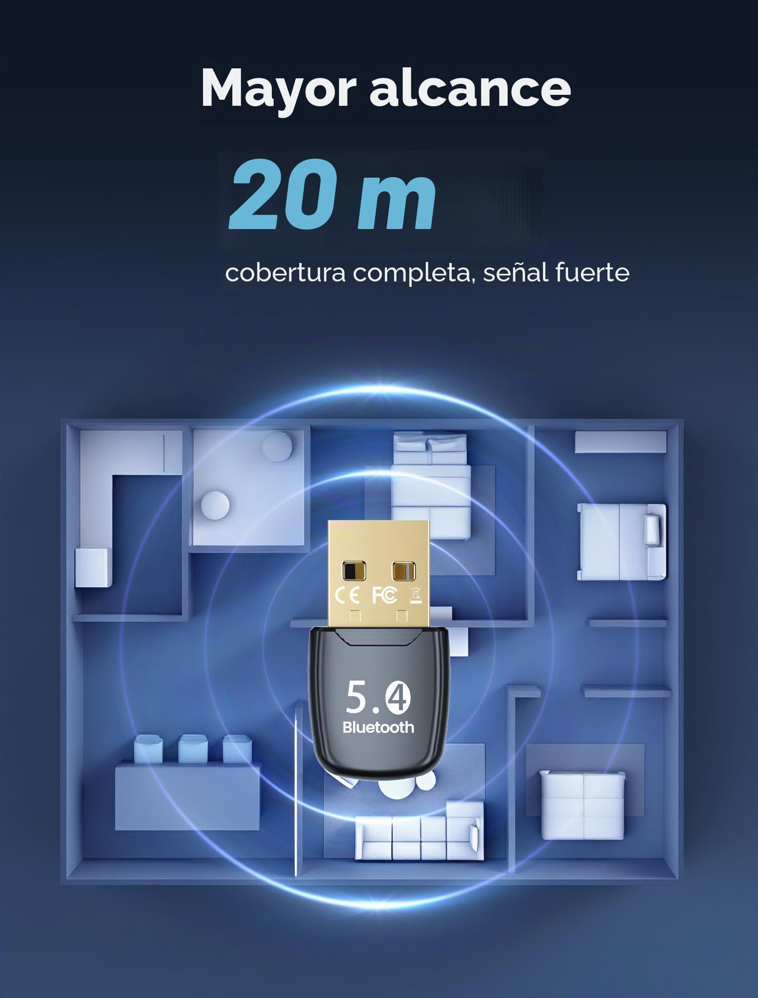 Adaptador Bluetooth para PC 5.4, USB Bluetooth Adapter para Windows 11/10/8.1, Plug and Play, para PC, Portátil, Ratón, Tableta, Auriculares, 7 Conexiones
