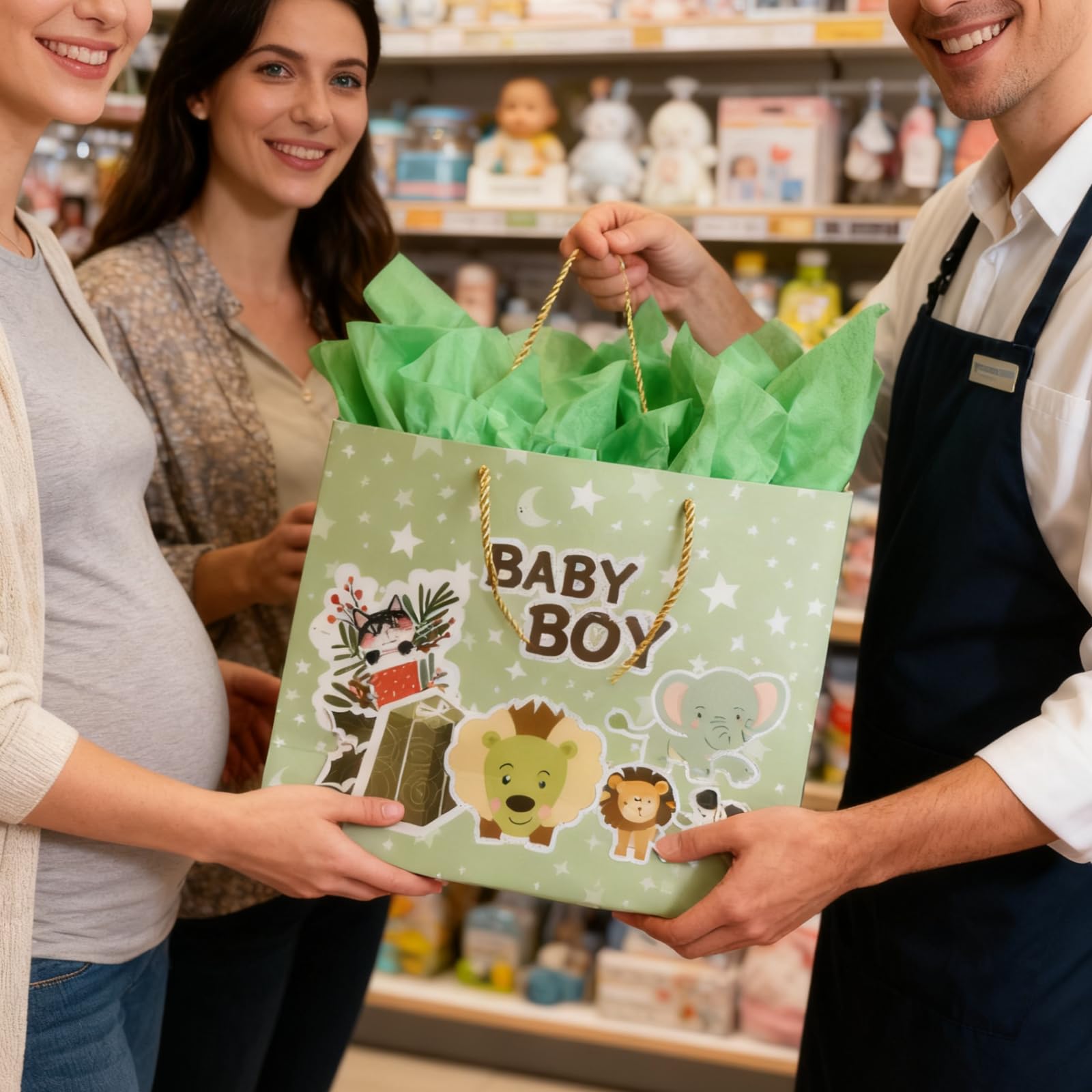 DiffyGo 13" Large Baby Gift Bag for Baby Shower with Tissue Papers and Card (Green)