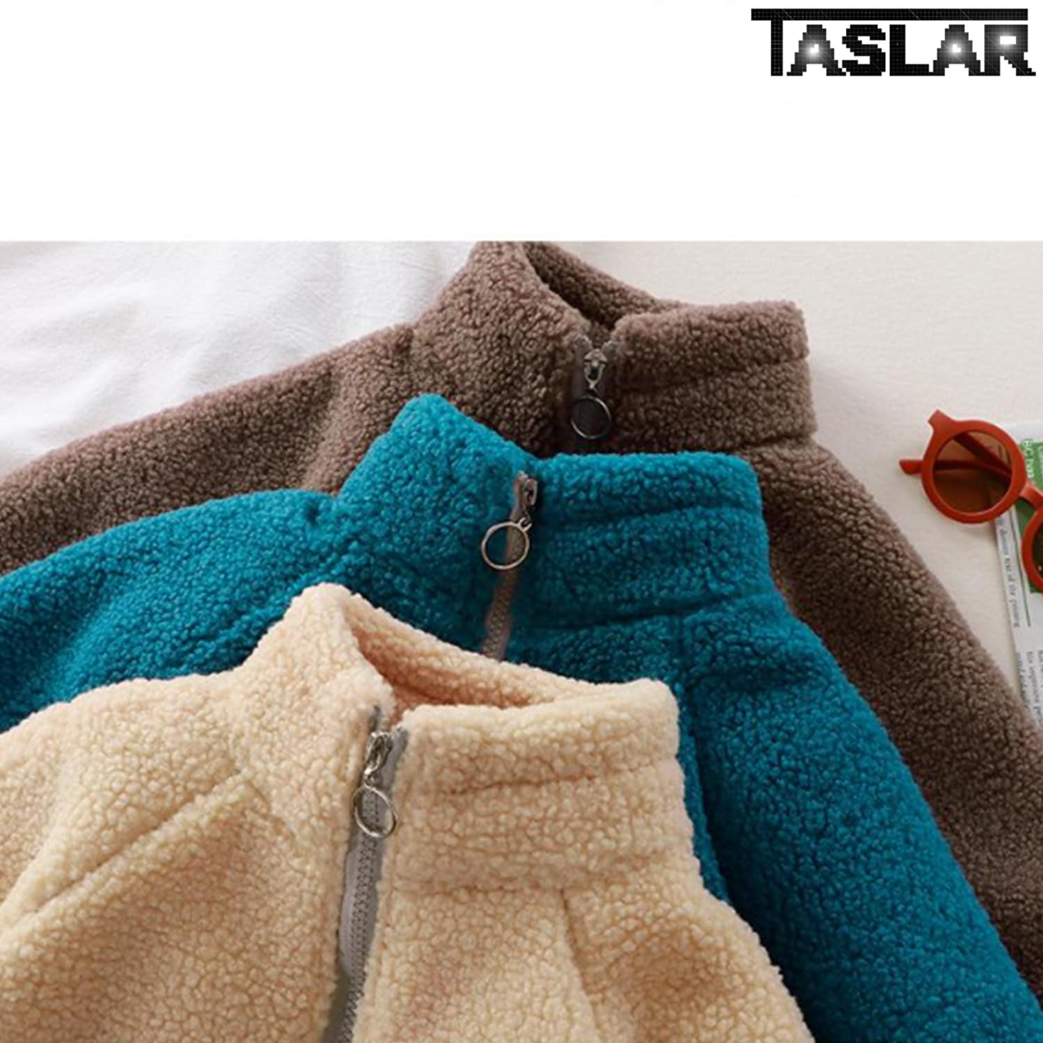 TASLAR Kids Winter Fleece Jackets, Baby Boy & Girl Outerwear Lamb Velvet Thick Warm Sweater Solid Short Length Thread Collar Zipper Coat, Beige, 2-3 Years 4