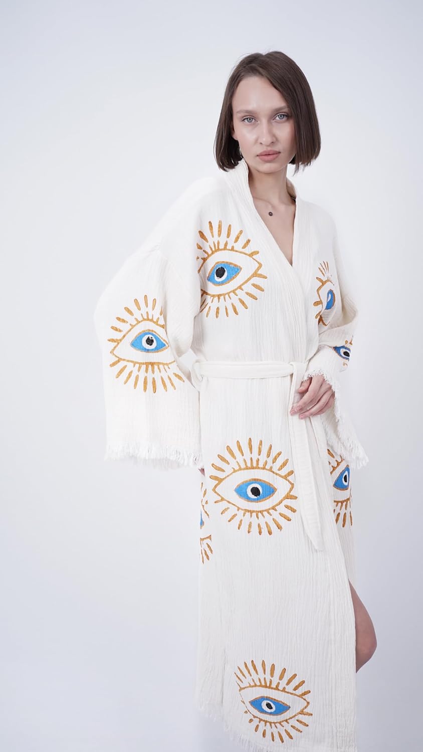 Handmade Evil Eye Boho Festival Kimono Boho Beachwear Beachwear Cover Up Ethnic Kimono Cardigan Bathrobe Morning Robe - Image 2