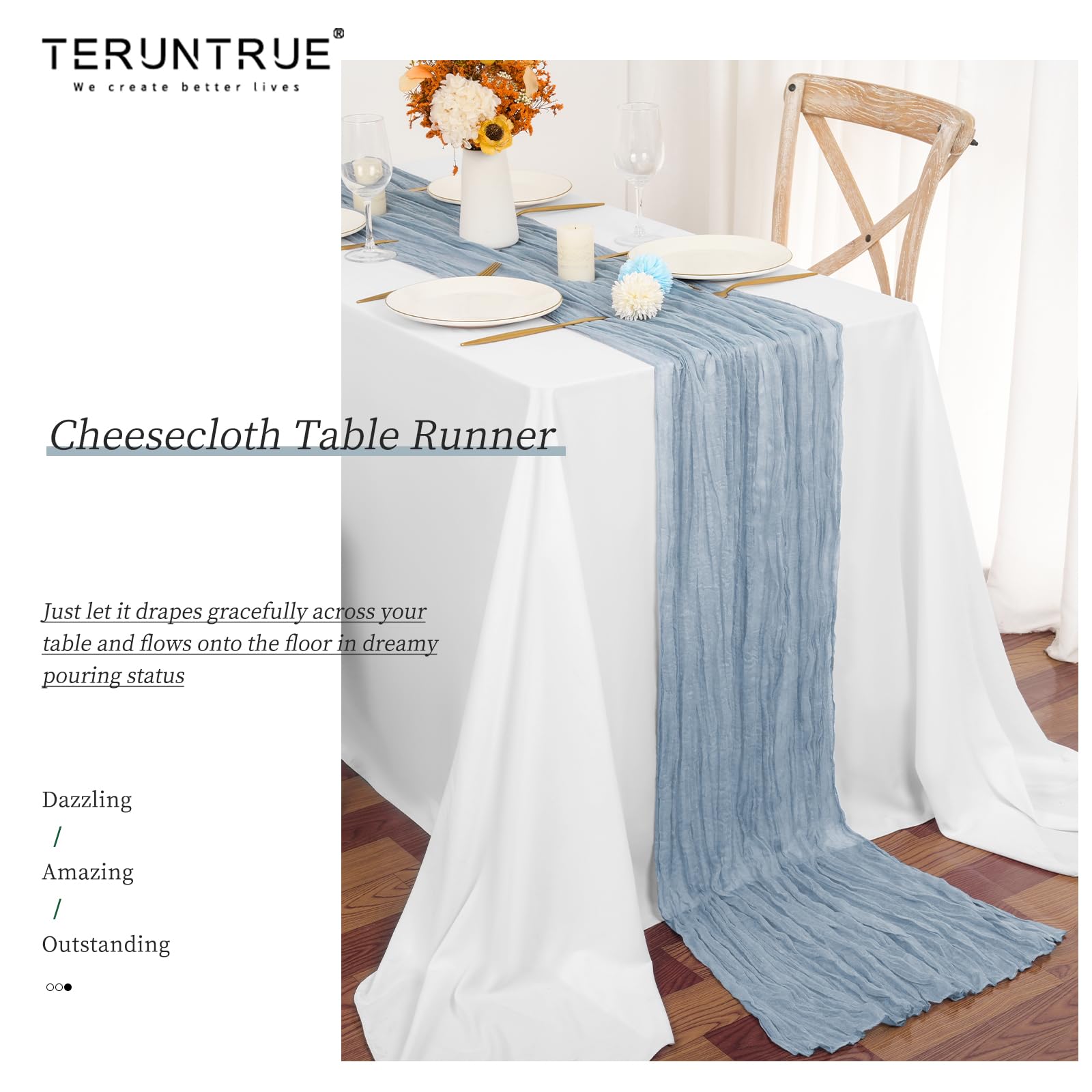 Teruntrue Confezione da 24 Runner da Tavola in Garza Blu Polveroso 45x275 cm, Tovaglie Boho in Garza per Decorazioni di Matrimoni, Feste per Bambini, Baby Shower e Compleanni